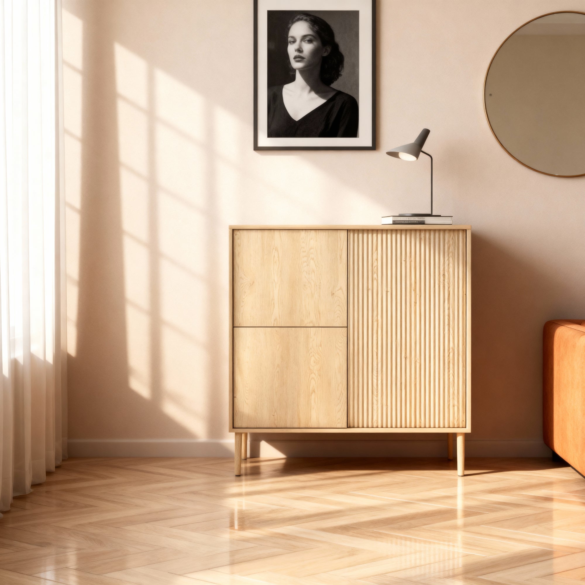 Komoda 3-drzwiowa 104x122 w stylu japandi - dąb cremona, push-to-open, drewniane nogi | Viola