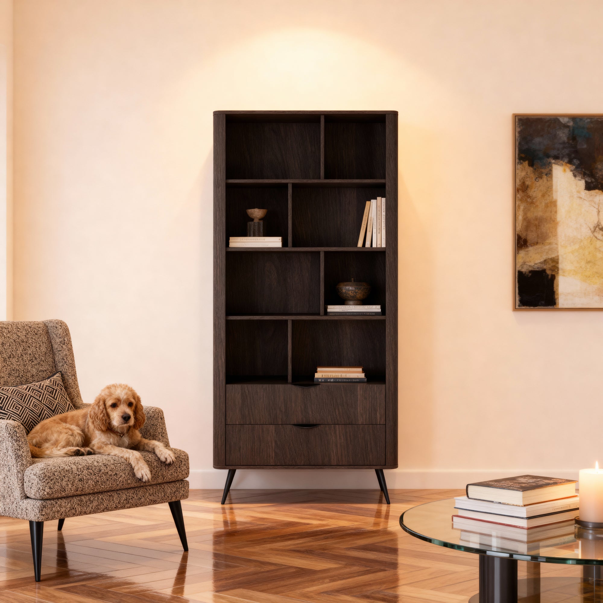 Regał 88x194 z otwartymi półkami i szufladami w stylu soft loft - dąb dunin, czarne uchwyty, ryflowany detal | Velia