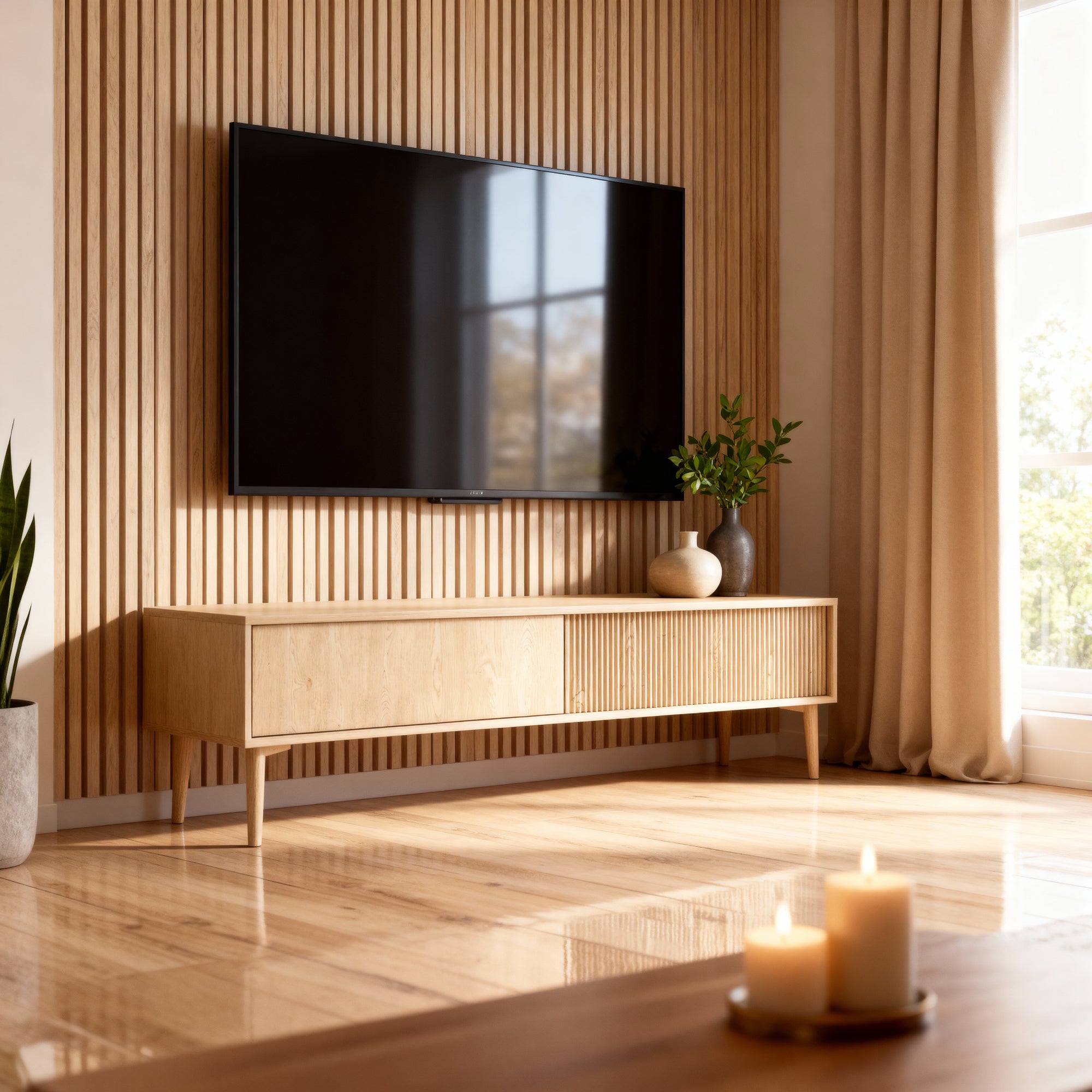 Szafka RTV 187x52 w stylu japandi - dąb cremona, ryflowane fronty MDF, push-to-open | Viola