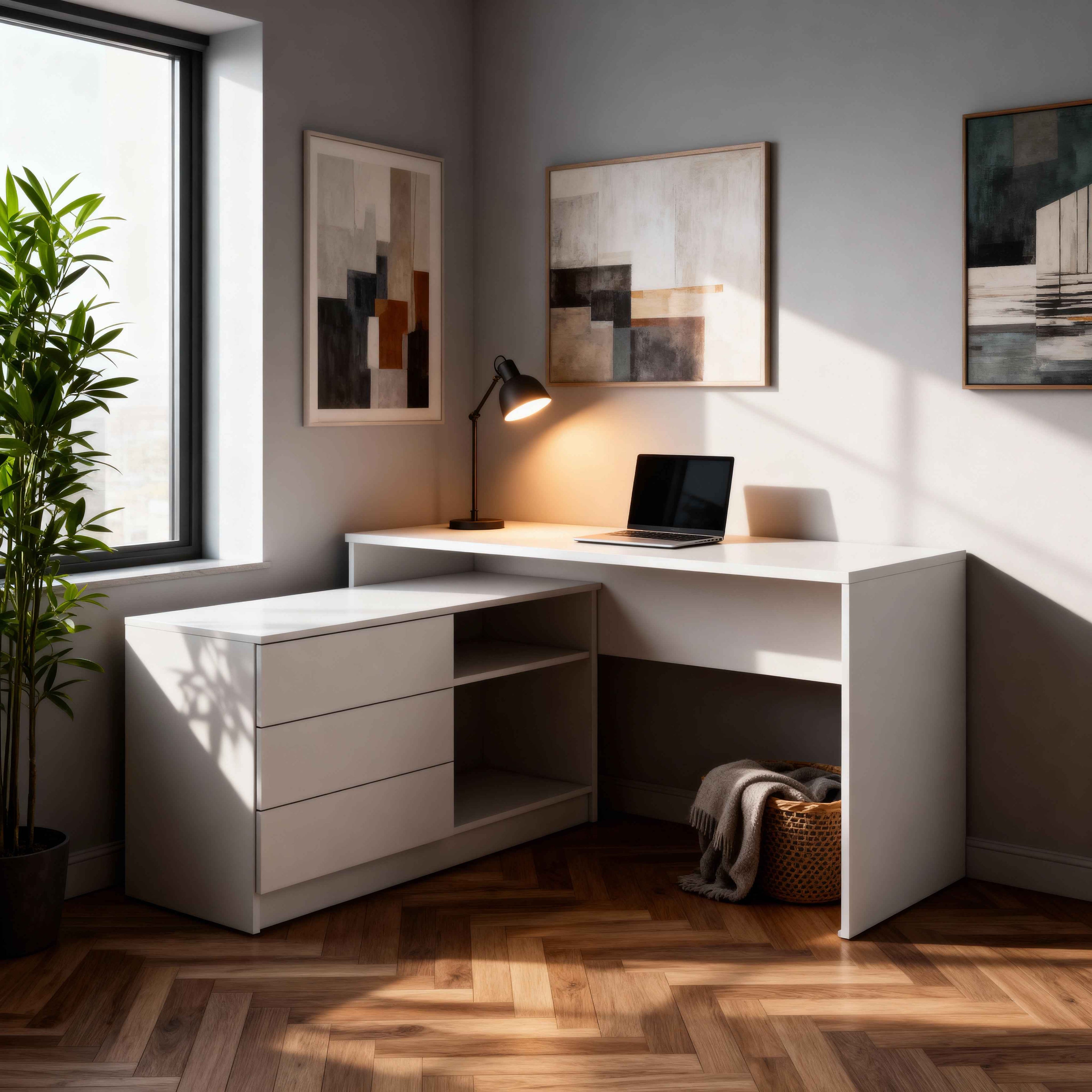 Biurko z 138x76 cm w stylu minimalistycznym – montaż lewo/prawostronny, push-to-open, szeroki blat | Teno