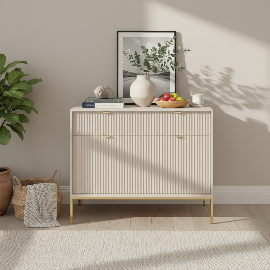 Komoda 104x83 w stylu nowoczesnym - ryflowane fronty MDF, metalowe nogi, aluminiowe uchwyty | Roza