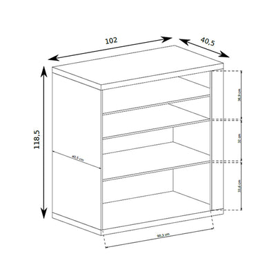 Komoda Korin 102x119 – rysunek wymiarowy z szerokością, wysokością i głębokością