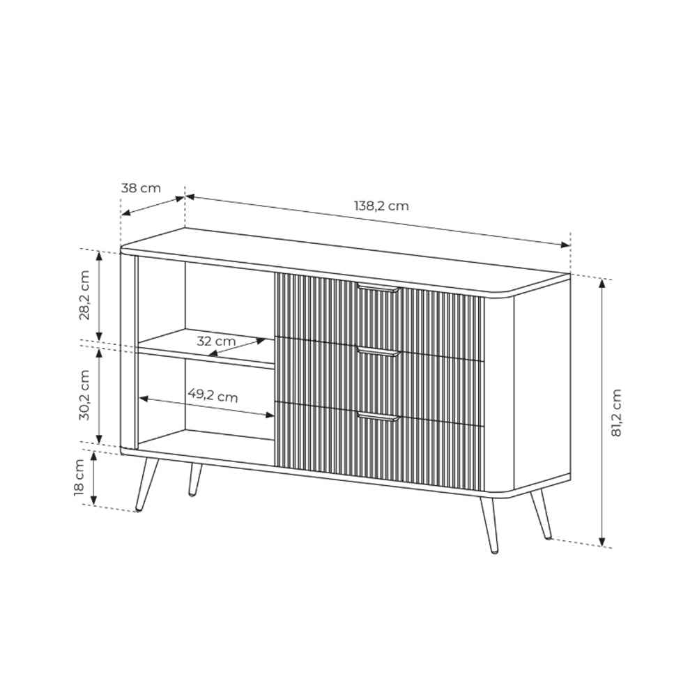 Komoda 138x81 z szufladami i drzwiami w stylu eleganckim - ryflowane fronty, metalowe nogi, 3 szuflady | Laanti