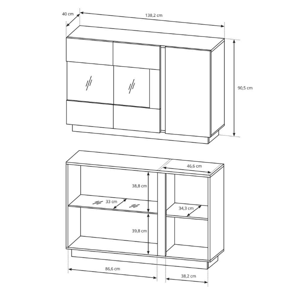 Komoda z witryną 138x91 w stylu nowoczesnym - szkło hartowane, push-to-open, opcjonalny LED | Armelia