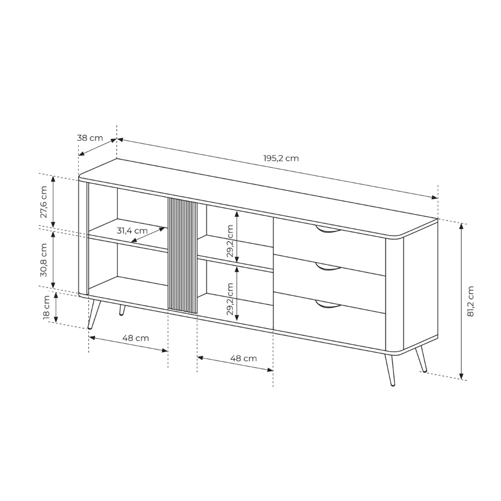 Komoda szeroka 195x81 z szafkami i szufladami w stylu soft loft - dąb dunin, ryflowany detal, czarne uchwyty | Velia