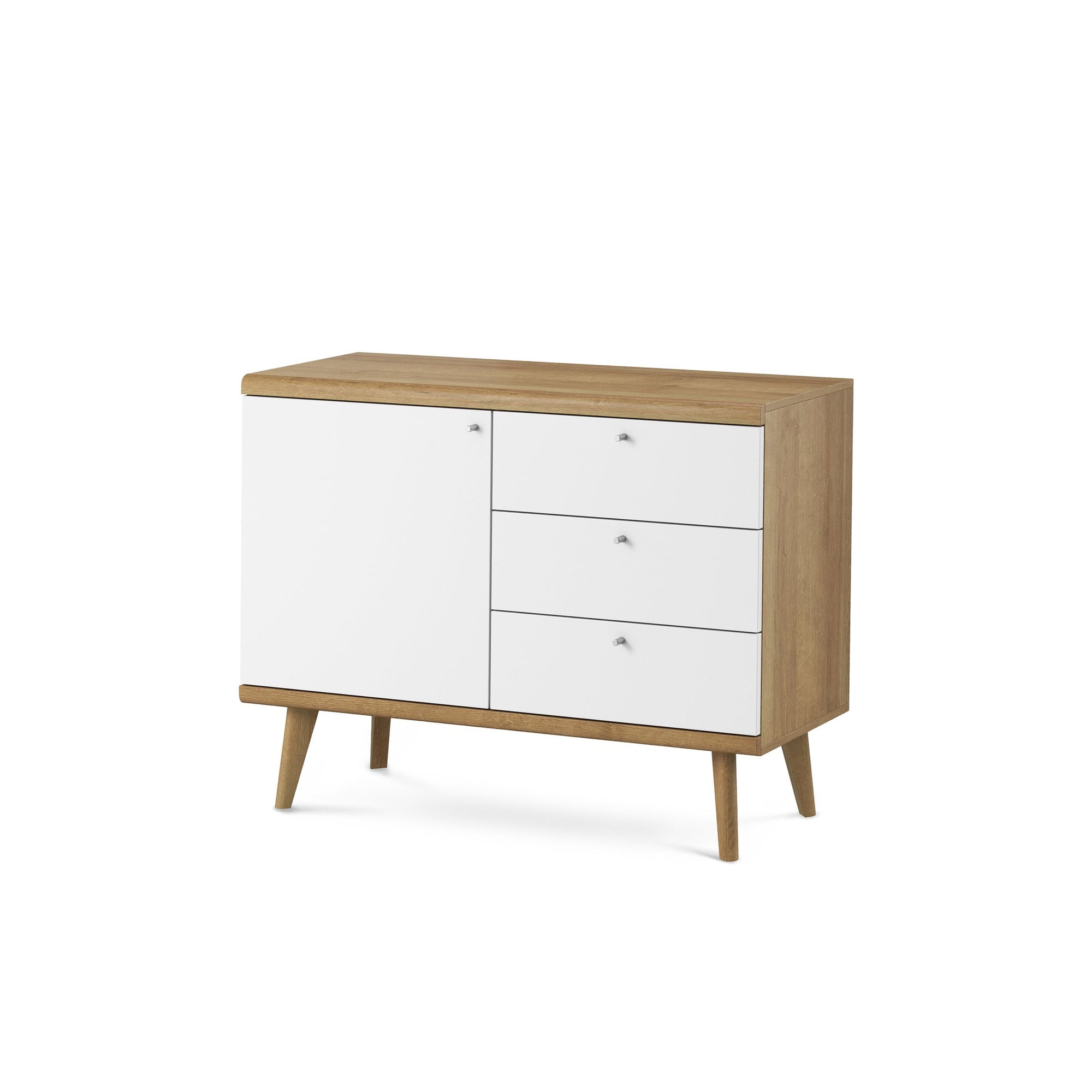 Komoda 107x83 w stylu skandynawskim - metalowe gałki, drewniane skośne nogi, kompaktowa forma | Lato