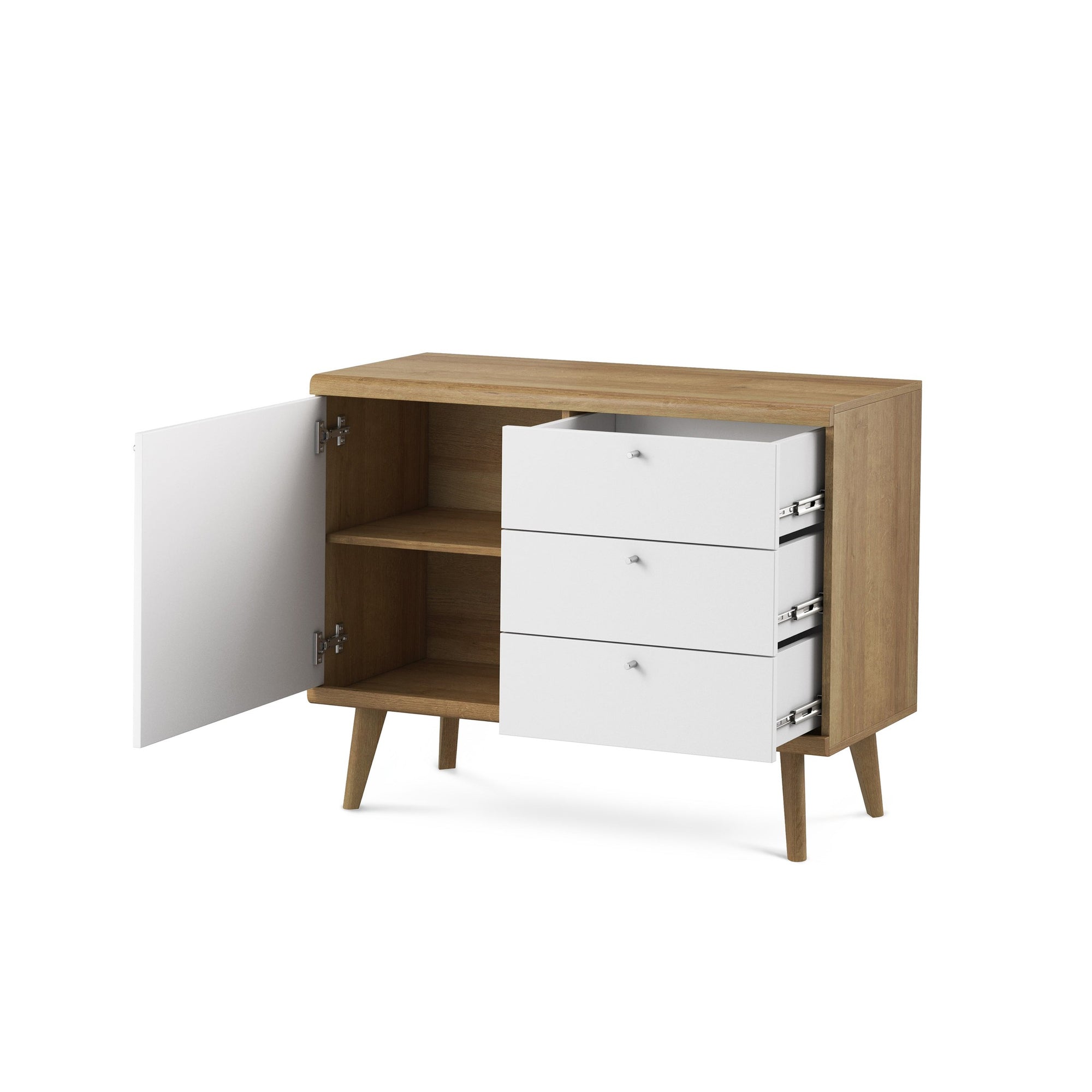 Komoda 107x83 w stylu skandynawskim - metalowe gałki, drewniane skośne nogi, kompaktowa forma | Lato