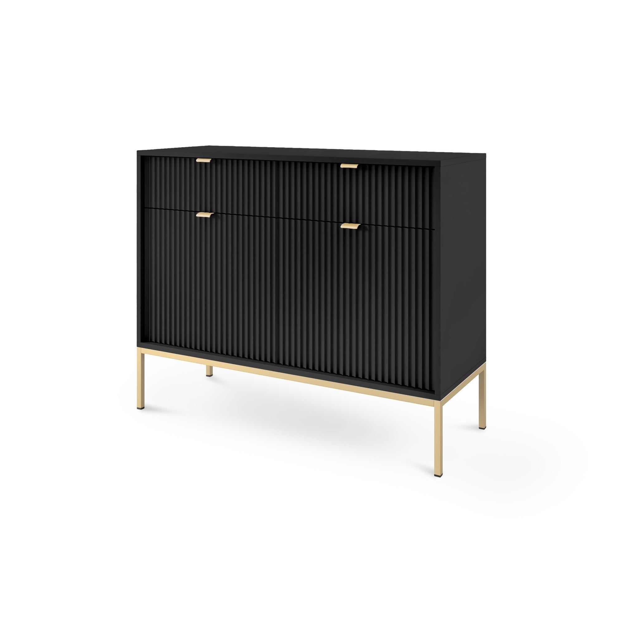 Komoda 104x83 w stylu nowoczesnym - ryflowane fronty MDF, metalowe nogi, aluminiowe uchwyty | Roza Czarny Złota