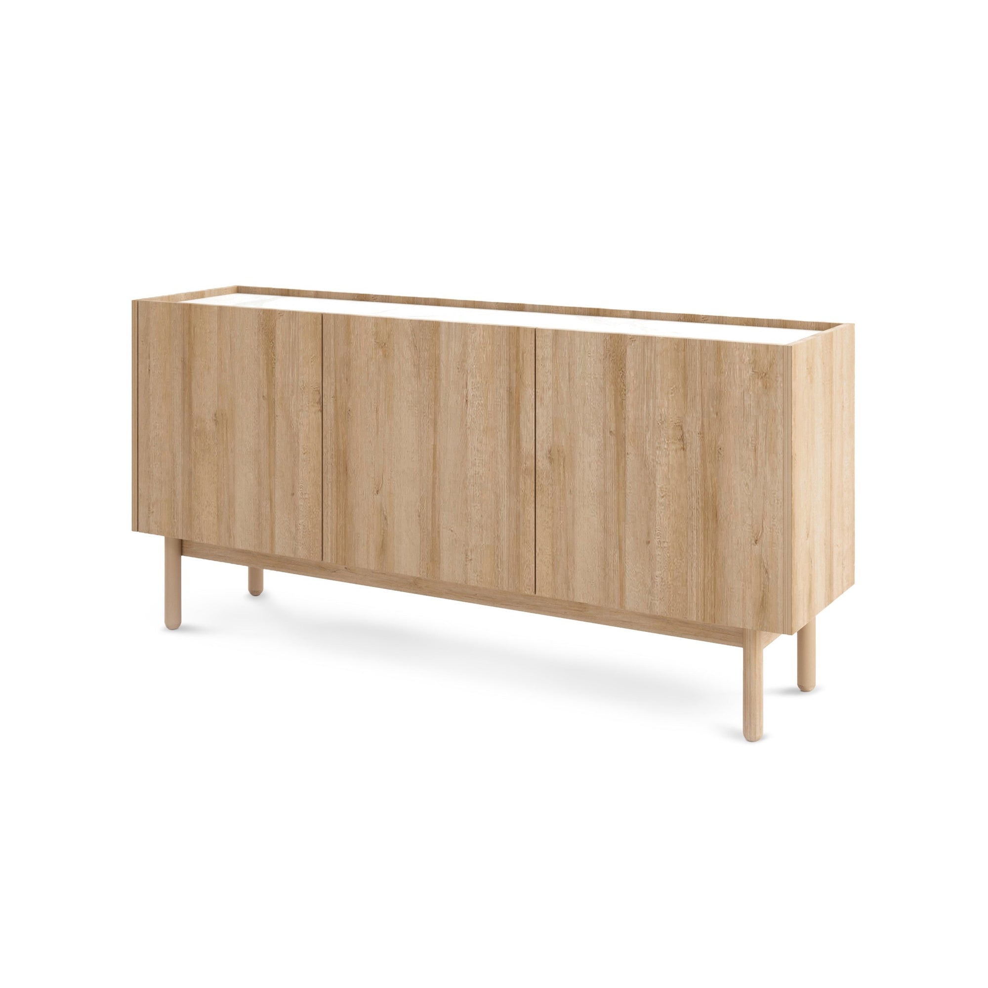 Komoda 144x68 w stylu boho - dąb riviera złoty, blat marmur bianco, drewniane nogi | Anawa