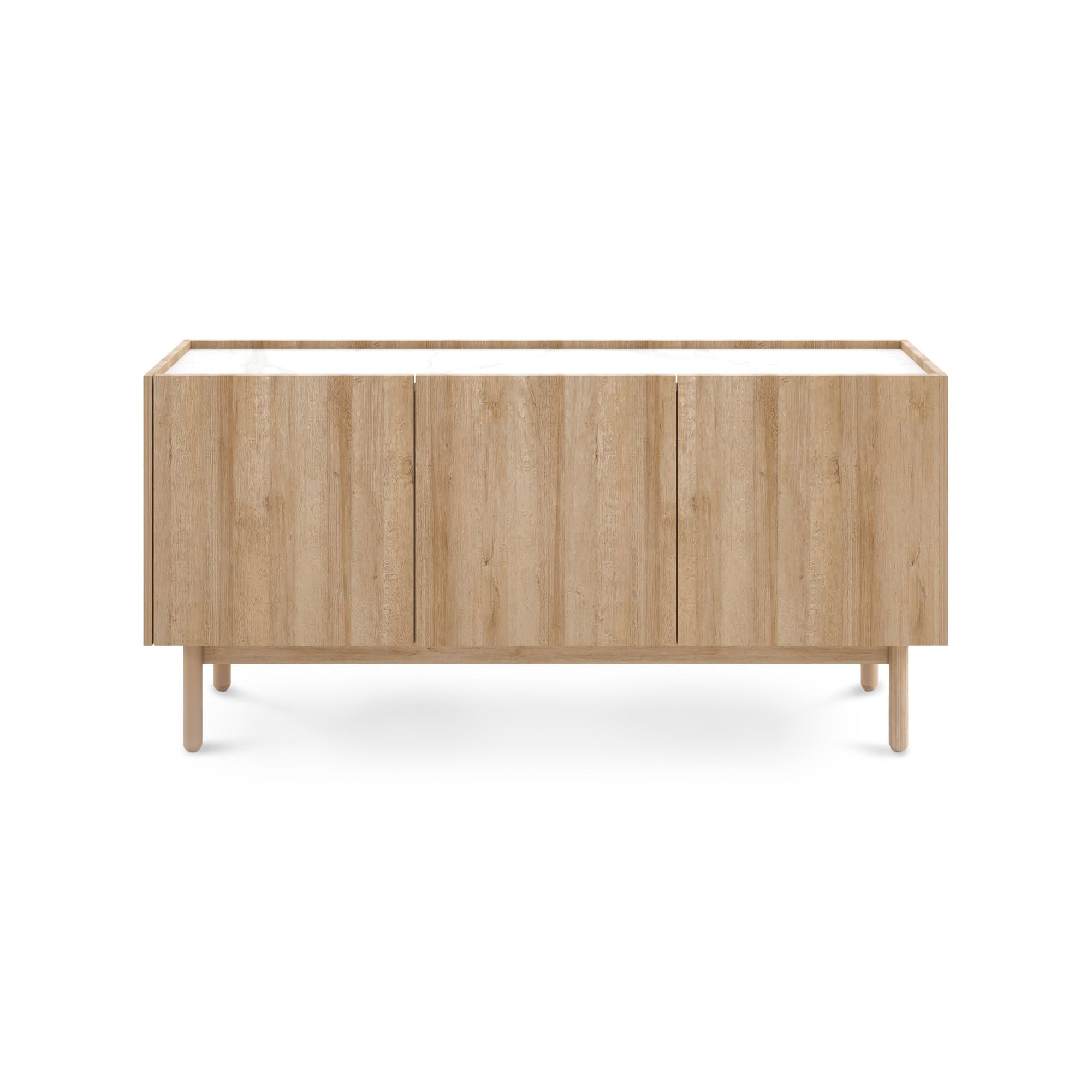 Komoda 144x68 w stylu boho - dąb riviera złoty, blat marmur bianco, drewniane nogi | Anawa