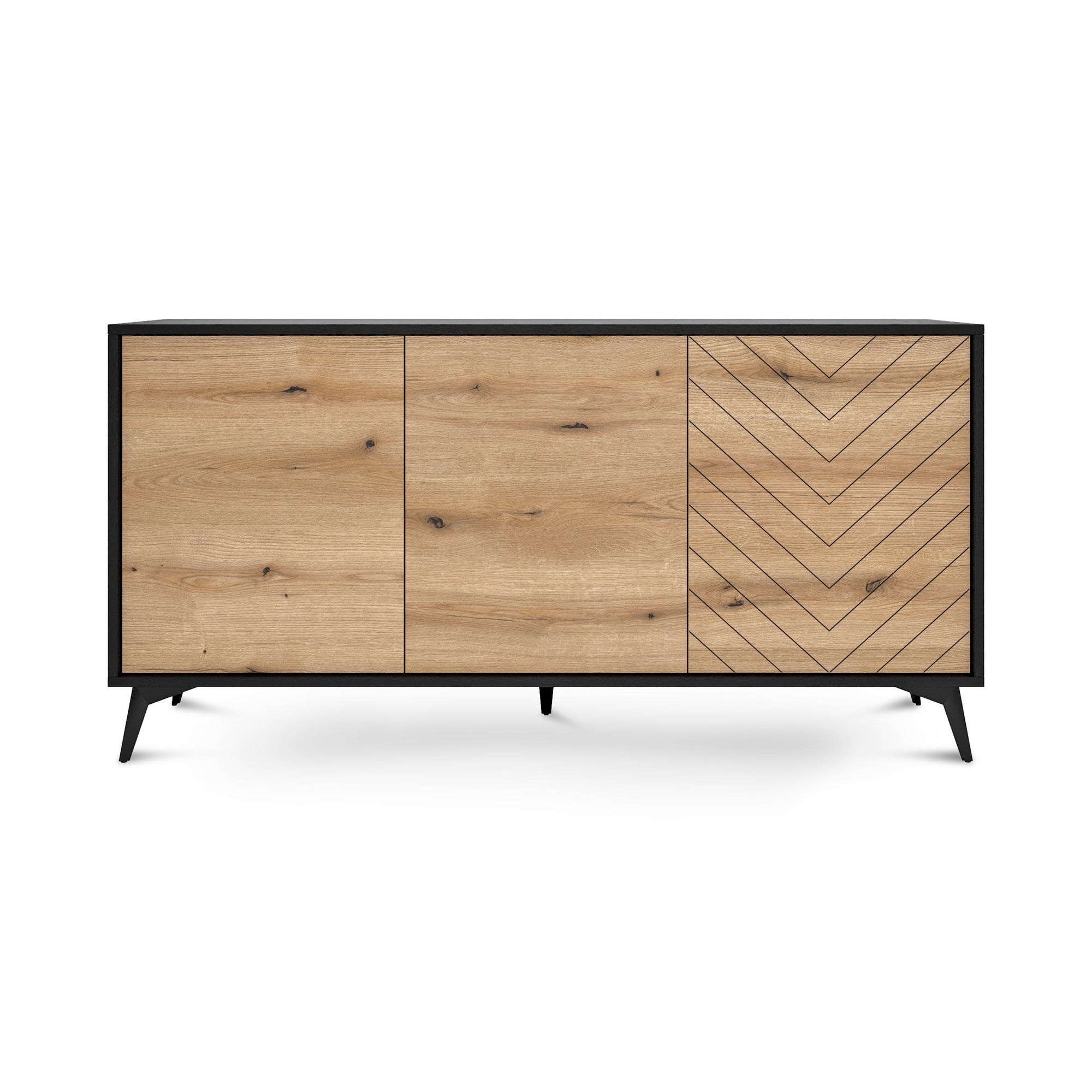 Komoda 154x77 w stylu loftowym - frezowany front w jodełkę, szuflady i szafki, drewniane nogi | Nirwana
