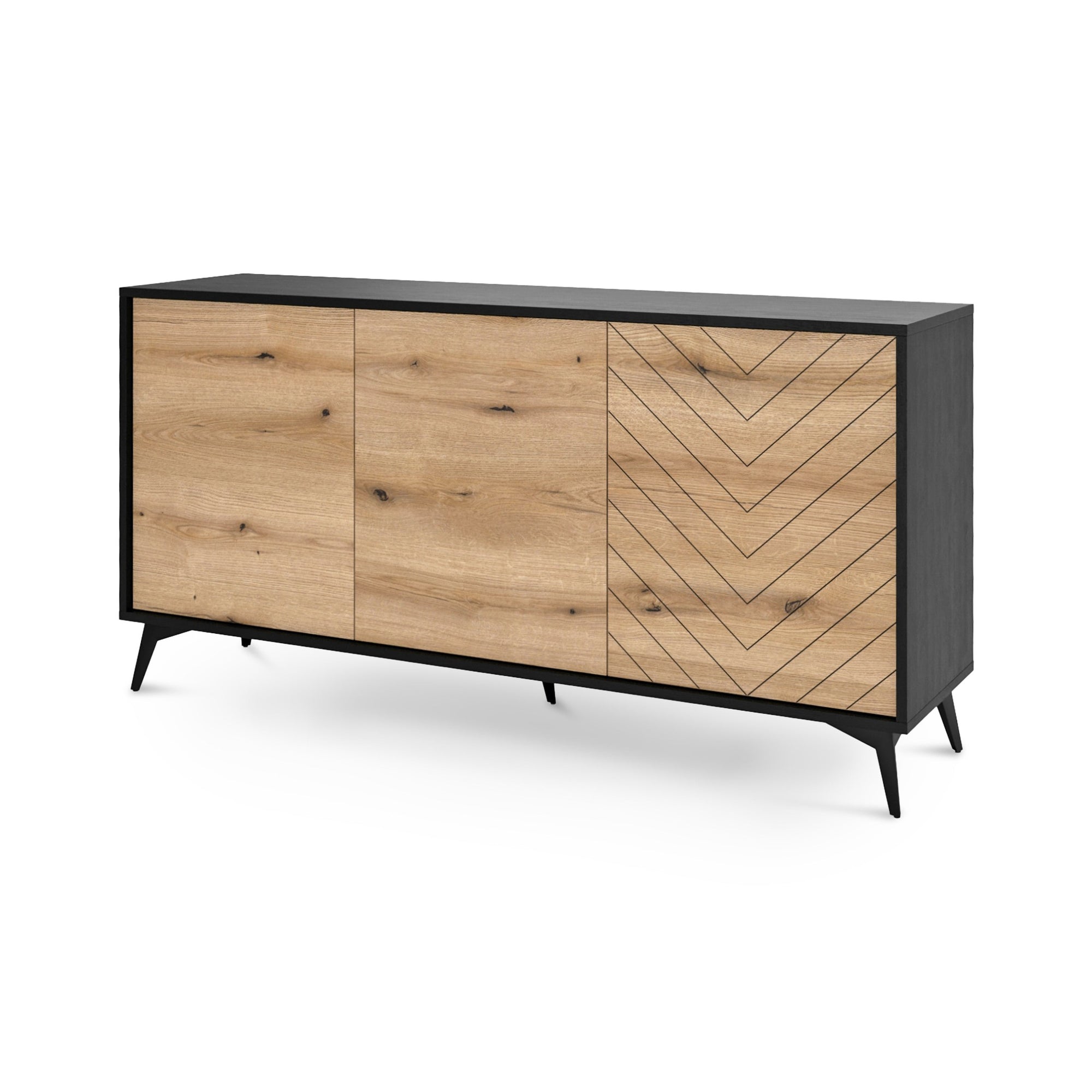 Komoda 154x77 w stylu loftowym - frezowany front w jodełkę, szuflady i szafki, drewniane nogi | Nirwana