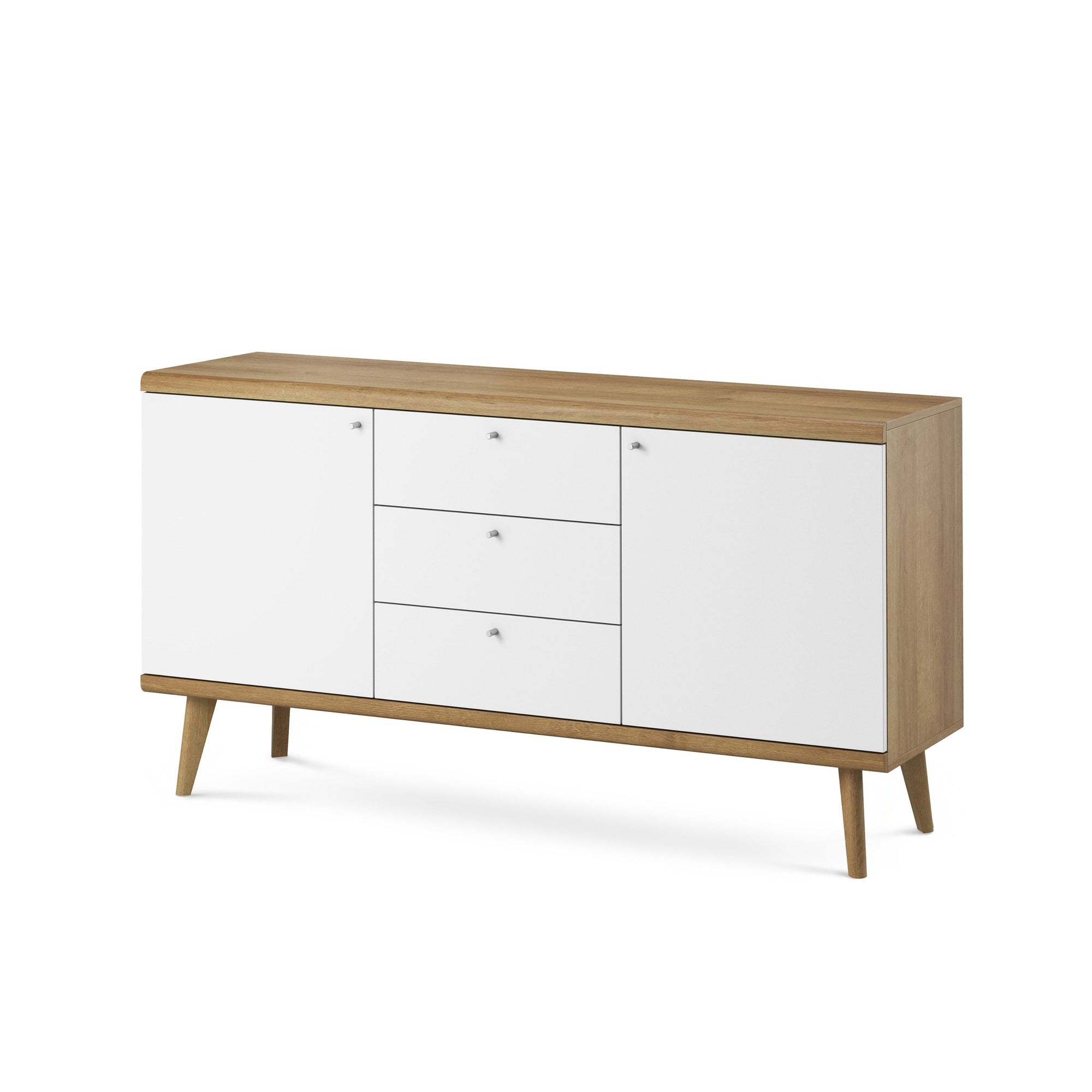 Komoda 160x83 w stylu skandynawskim - drewniane skośne nogi, metalowe uchwyty, szeroka forma | Lato