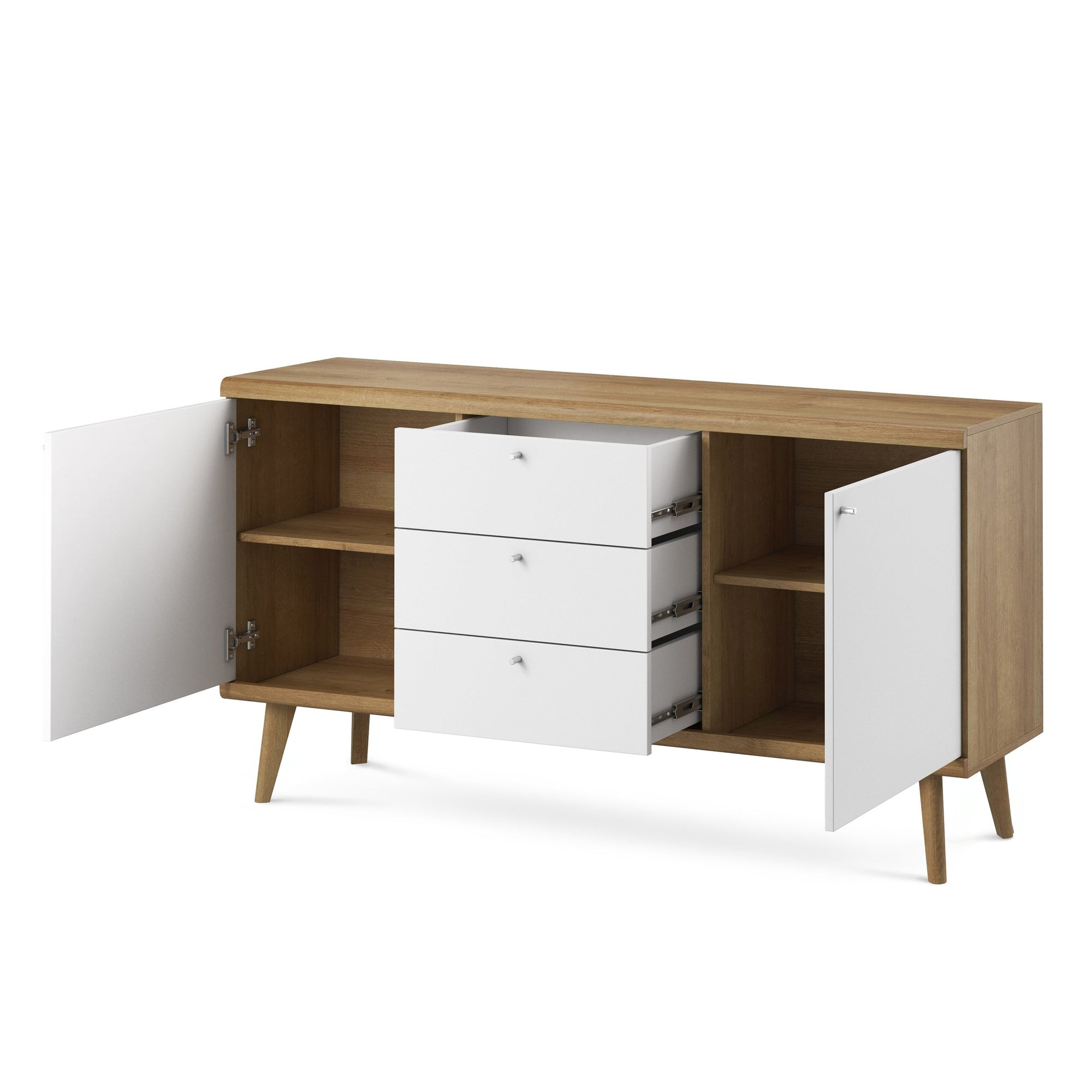 Komoda 160x83 w stylu skandynawskim - drewniane skośne nogi, metalowe uchwyty, szeroka forma | Lato