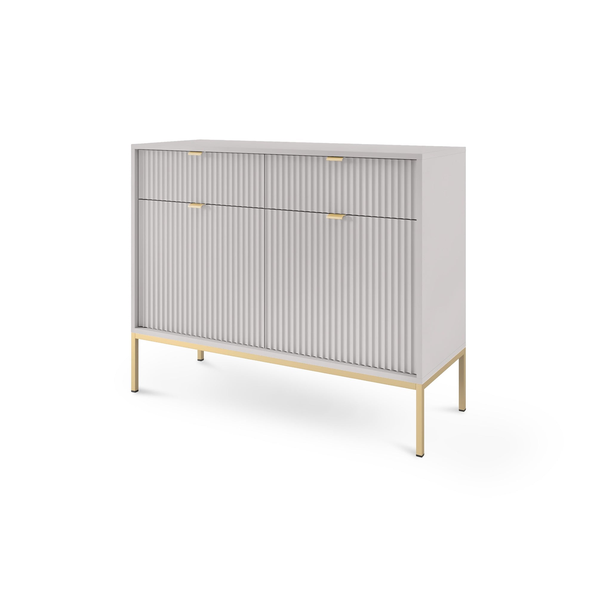 Komoda 104x83 w stylu nowoczesnym - ryflowane fronty MDF, metalowe nogi, aluminiowe uchwyty | Roza Szary Złota