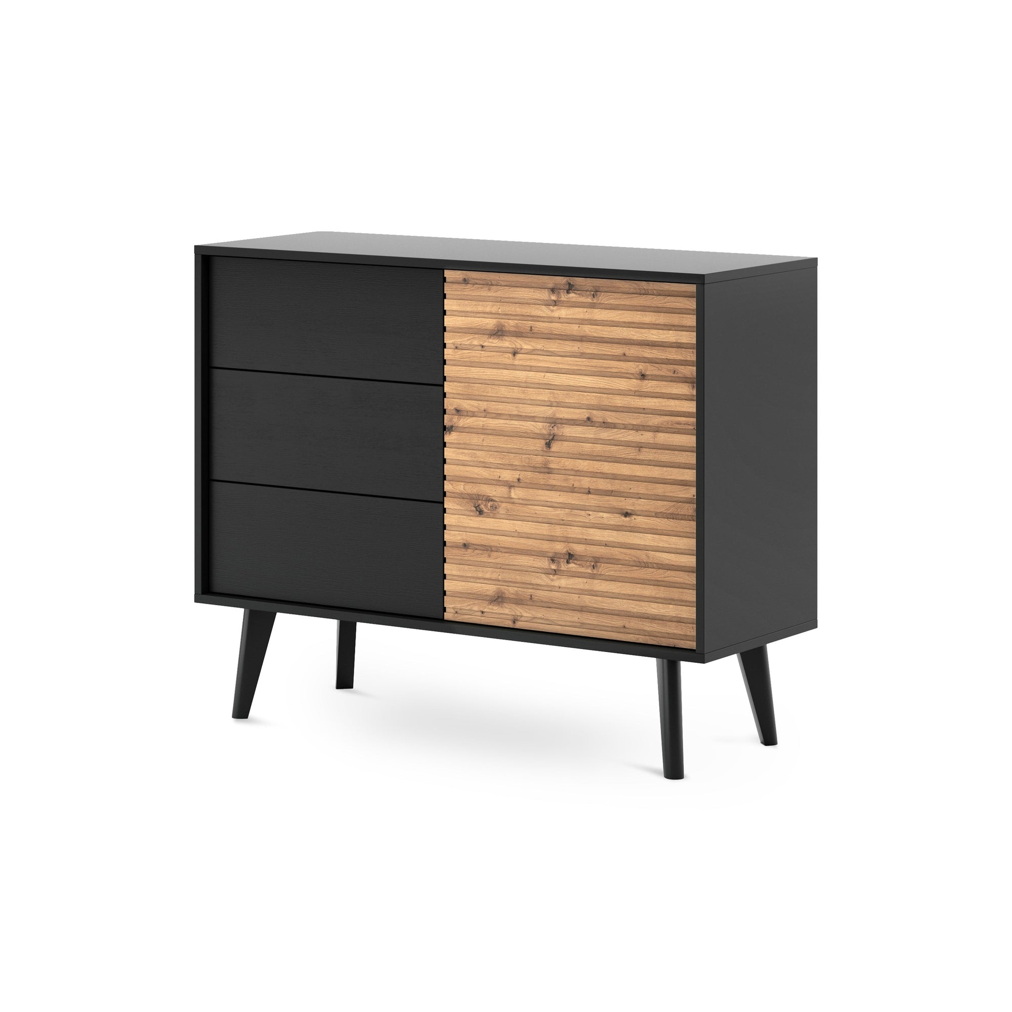 Komoda z szufladami i drzwiami 104x83 w stylu industrialnym - dąb Artisan/czarny, 3 szuflady, wysokie nóżki | Las