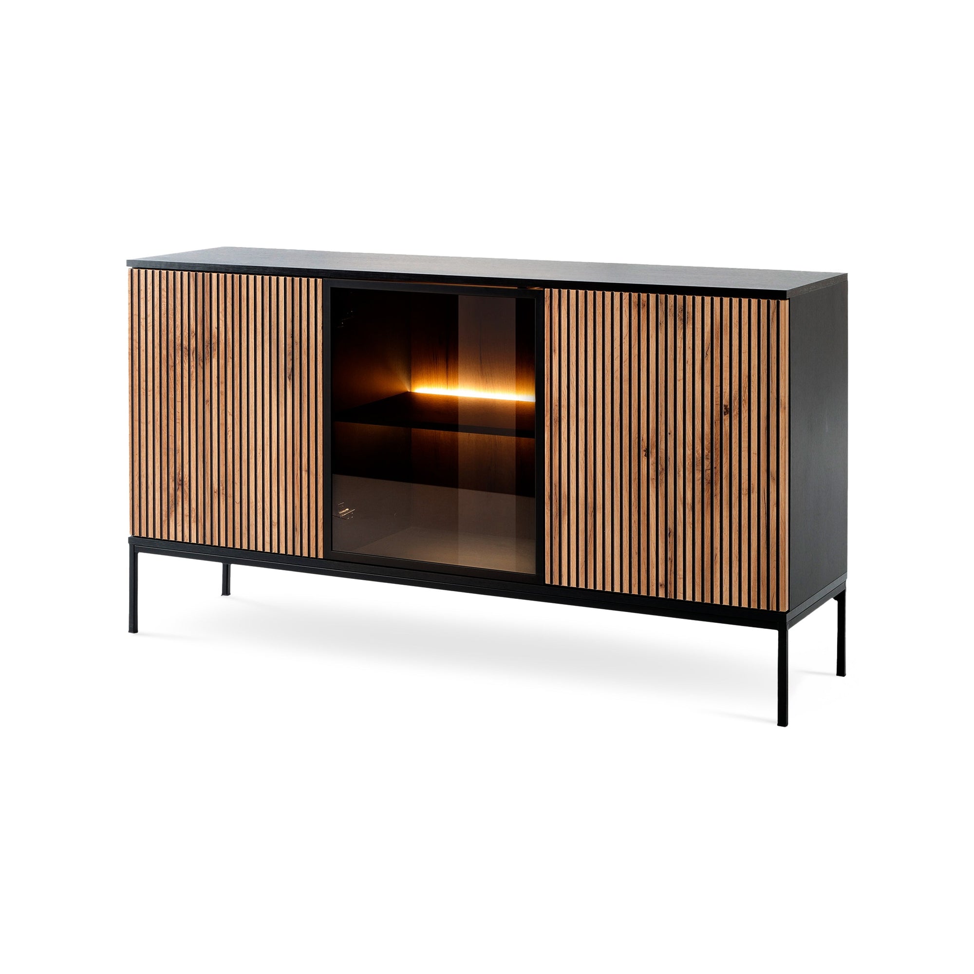 Komoda z drzwiami 154x83 w stylu loft - dąb Wotan/czarny, LED, szkło antisol | Lampy Czarny