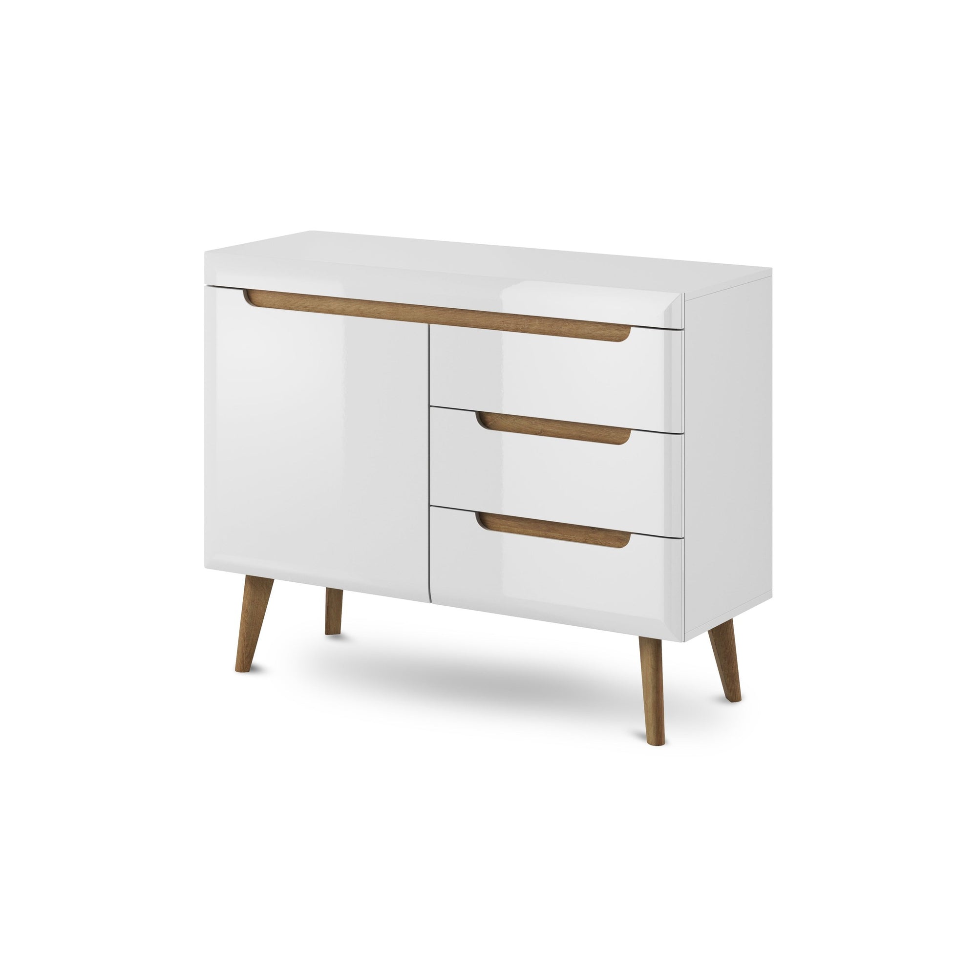 Komoda 107x83 w stylu skandynawskim - frezowane uchwyty, drewniane skośne nogi, minimalistyczna forma | Trava Biały Połysk Dąb Riviera