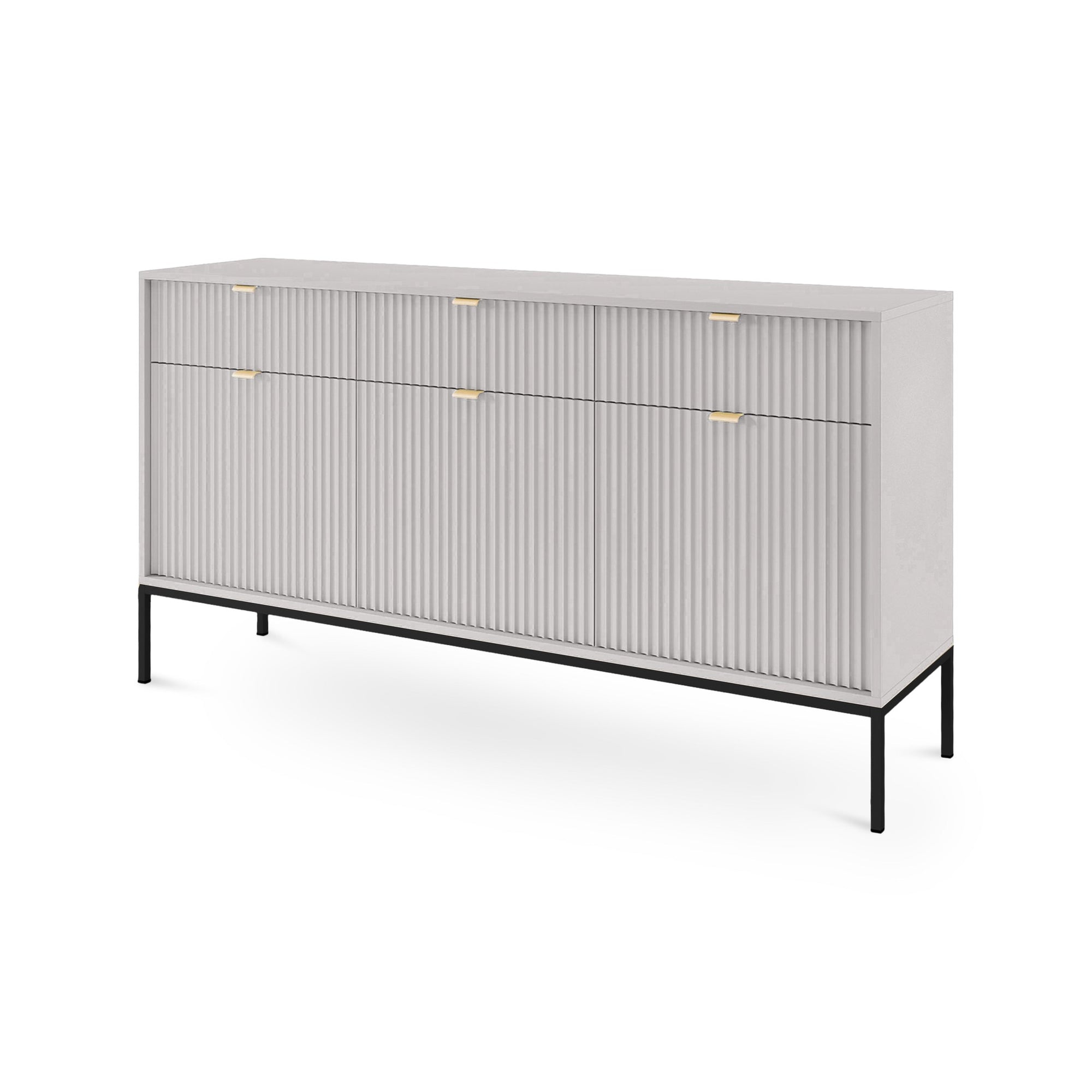 Komoda 154x83 w stylu glamour - ryflowane fronty, metalowe nogi, aluminiowe uchwyty | Roza Szary Czarny