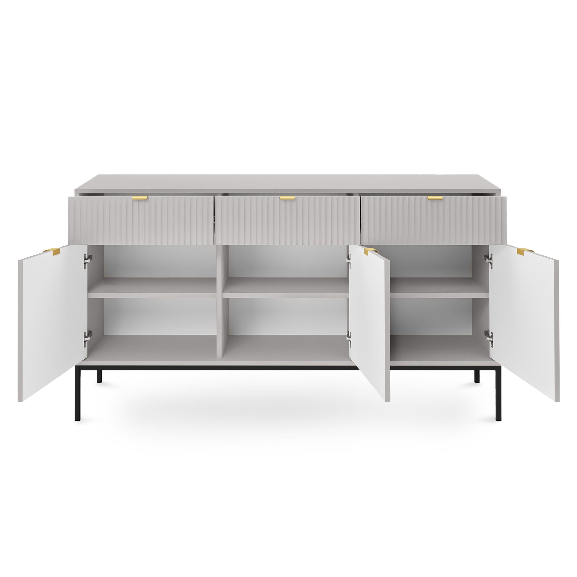 Komoda 154x83 w stylu glamour - ryflowane fronty, metalowe nogi, aluminiowe uchwyty | Roza