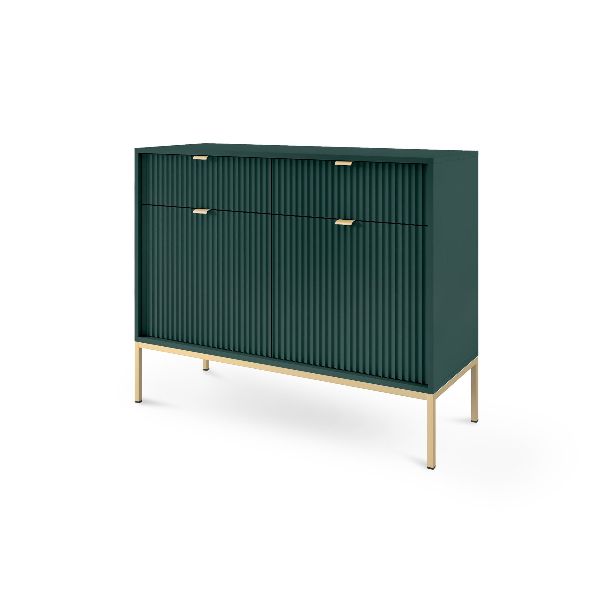 Komoda 104x83 w stylu nowoczesnym - ryflowane fronty MDF, metalowe nogi, aluminiowe uchwyty | Roza Labrador Green Złota