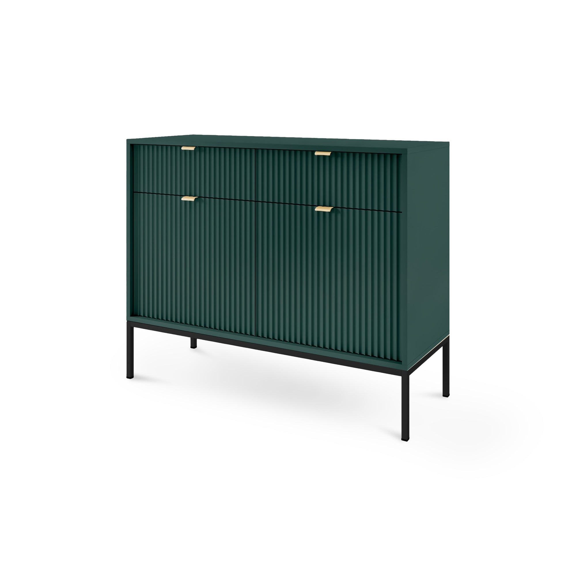 Komoda 104x83 w stylu nowoczesnym - ryflowane fronty MDF, metalowe nogi, aluminiowe uchwyty | Roza Labrador Green Czarny