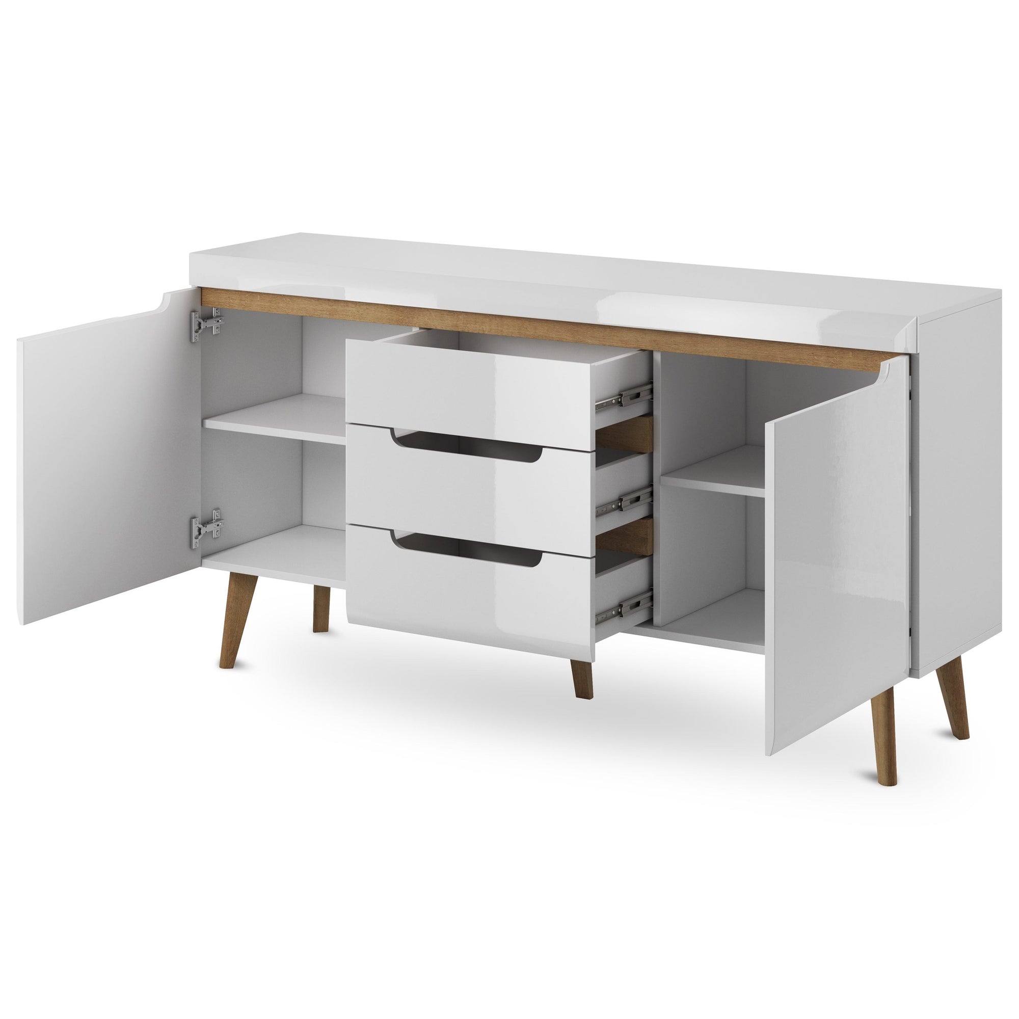 Komoda z szufladami i szafkami 160x83 w stylu skandynawskim - fronty MDF w wysokim połysku, drewniane nogi | Trava