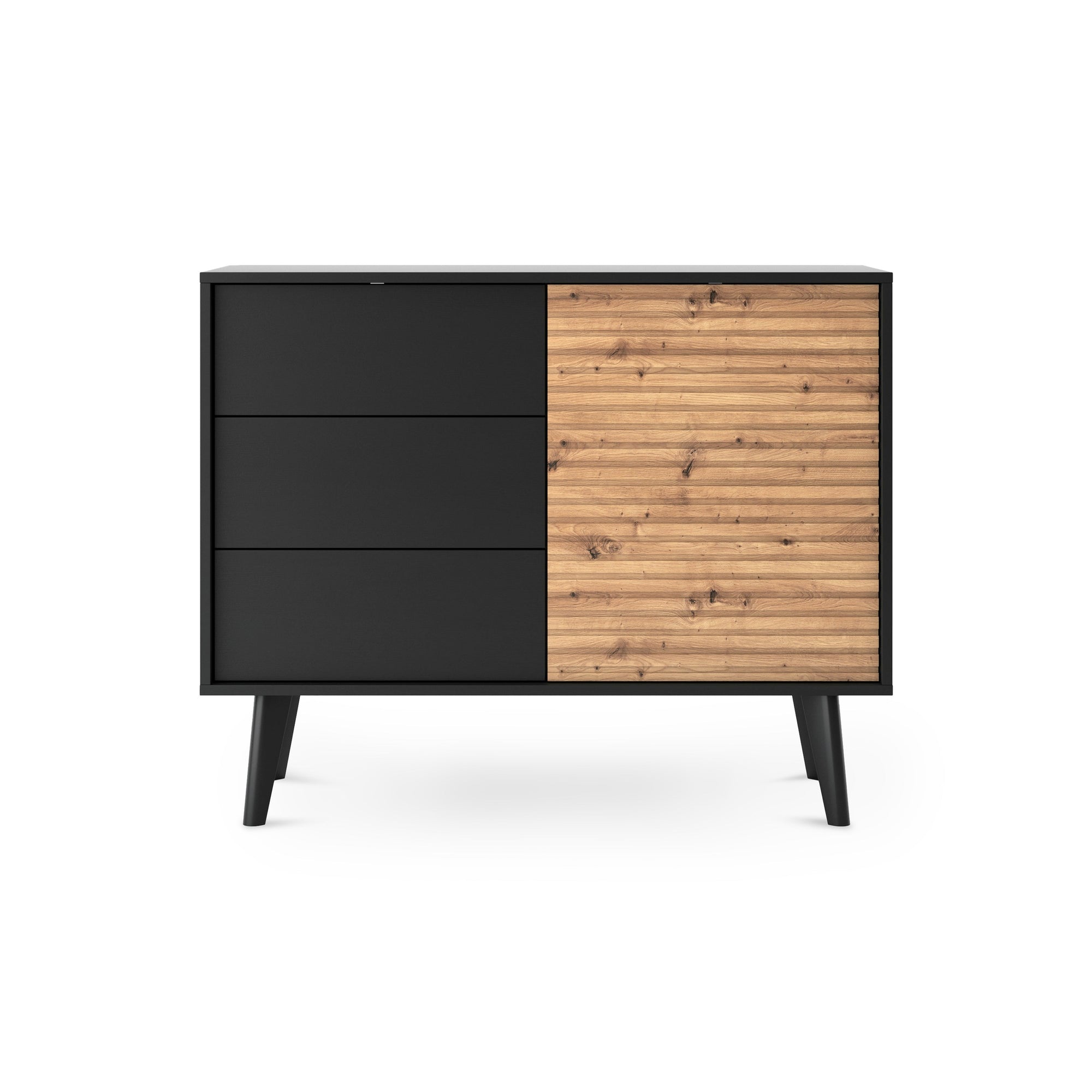 Komoda z szufladami i drzwiami 104x83 w stylu industrialnym - dąb Artisan/czarny, 3 szuflady, wysokie nóżki | Las
