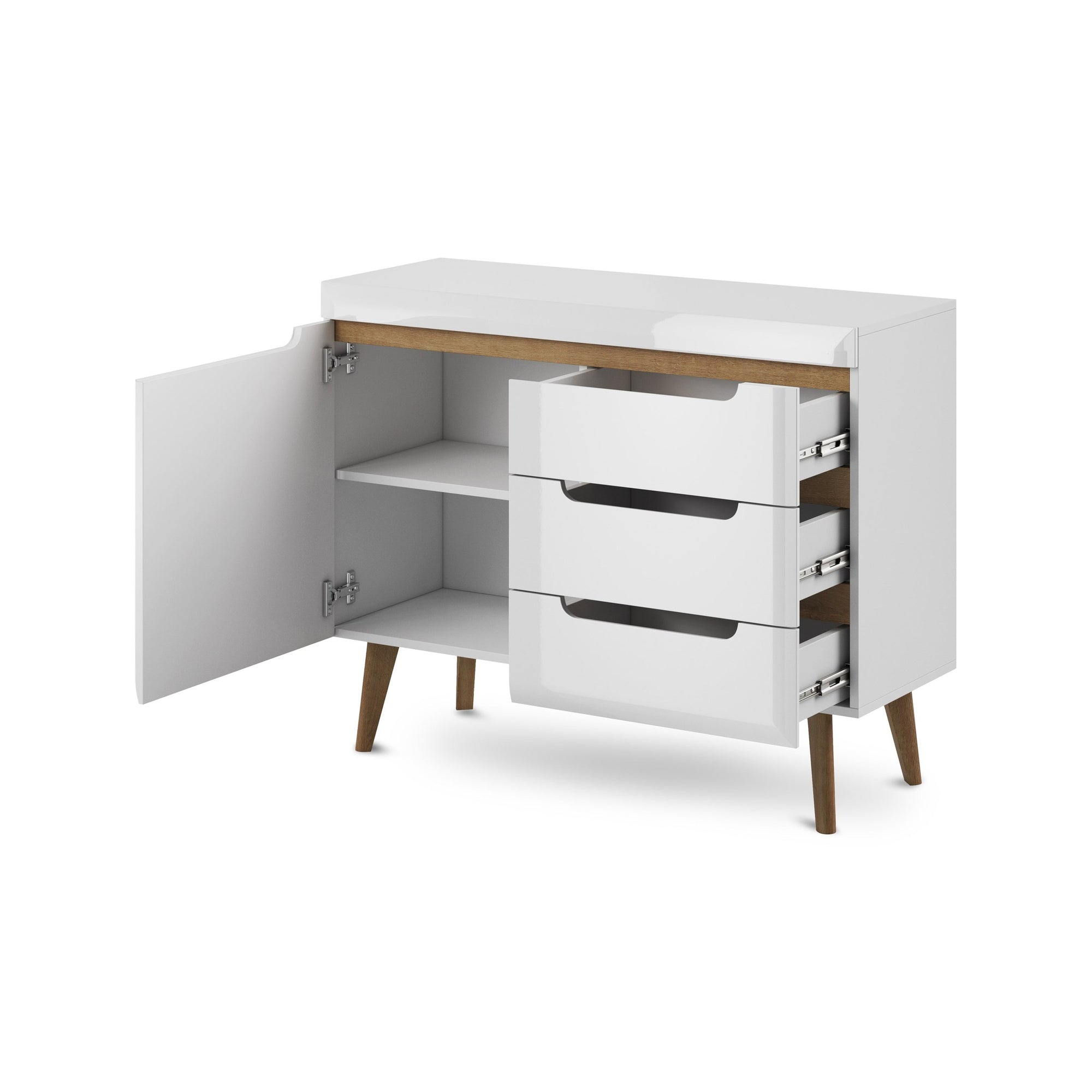 Komoda 107x83 w stylu skandynawskim - frezowane uchwyty, drewniane skośne nogi, minimalistyczna forma | Trava