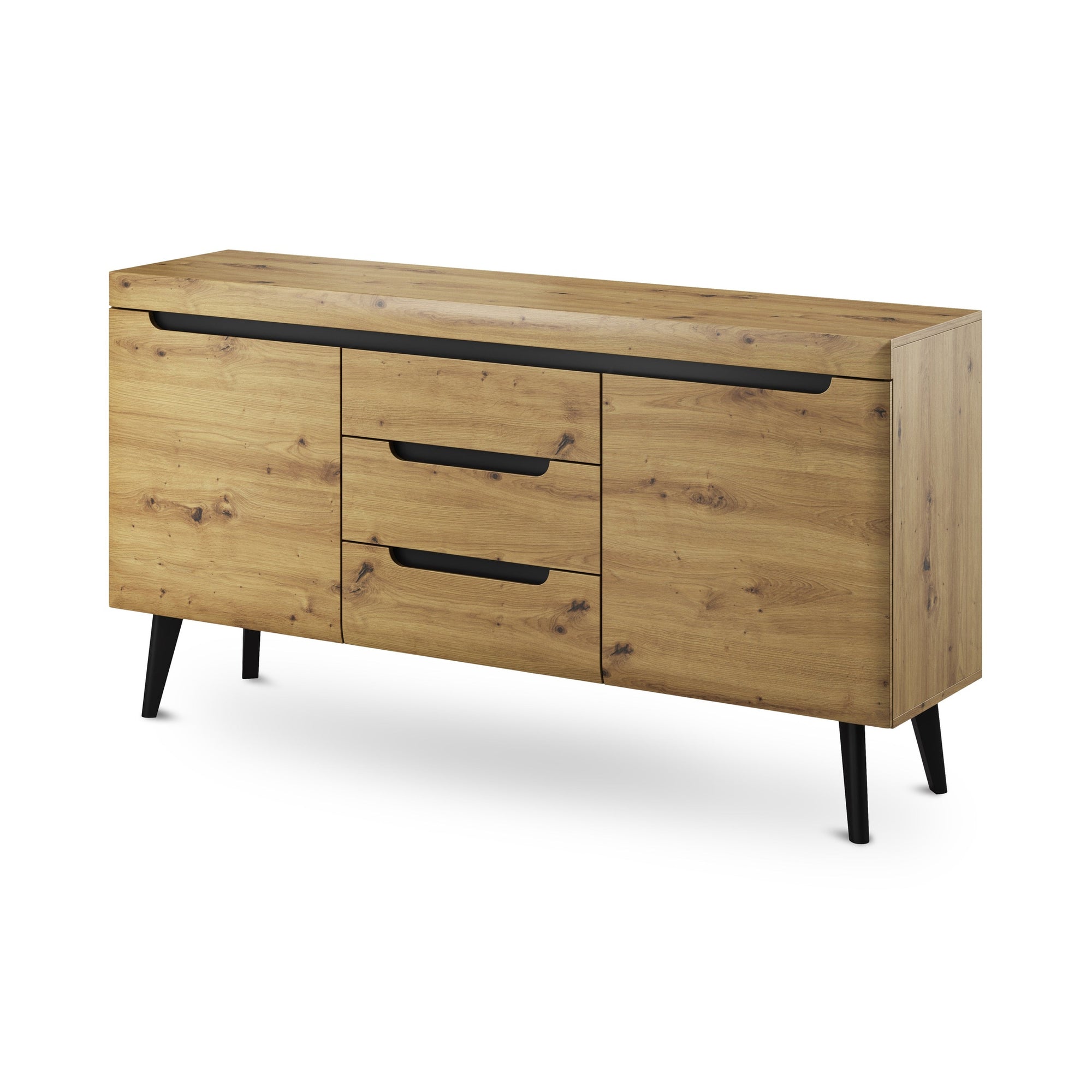 Komoda z szufladami i szafkami 160x83 w stylu skandynawskim - fronty MDF w wysokim połysku, drewniane nogi | Trava Dąb Artisan