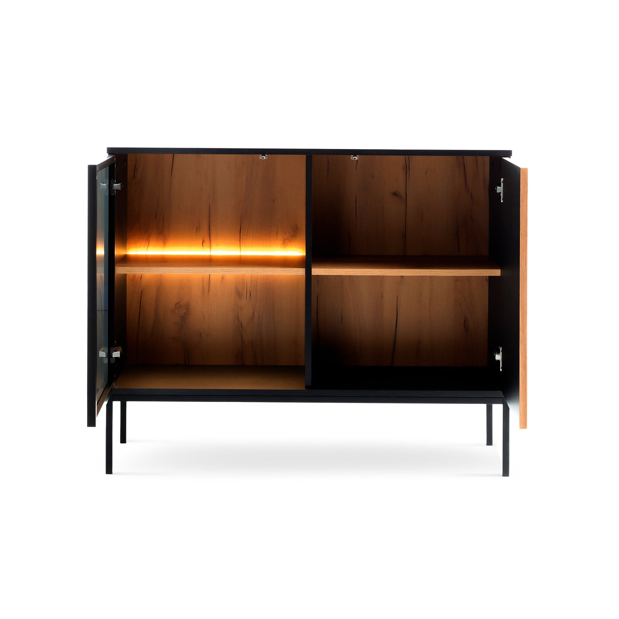 Komoda z drzwiami 104x83 w stylu loft - dąb Wotan/czarny, LED, witryna szklana | Lampy