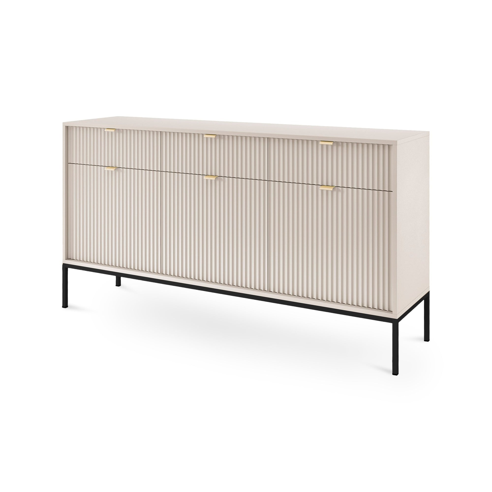 Komoda 154x83 w stylu glamour - ryflowane fronty, metalowe nogi, aluminiowe uchwyty | Roza Kaszmir Czarny