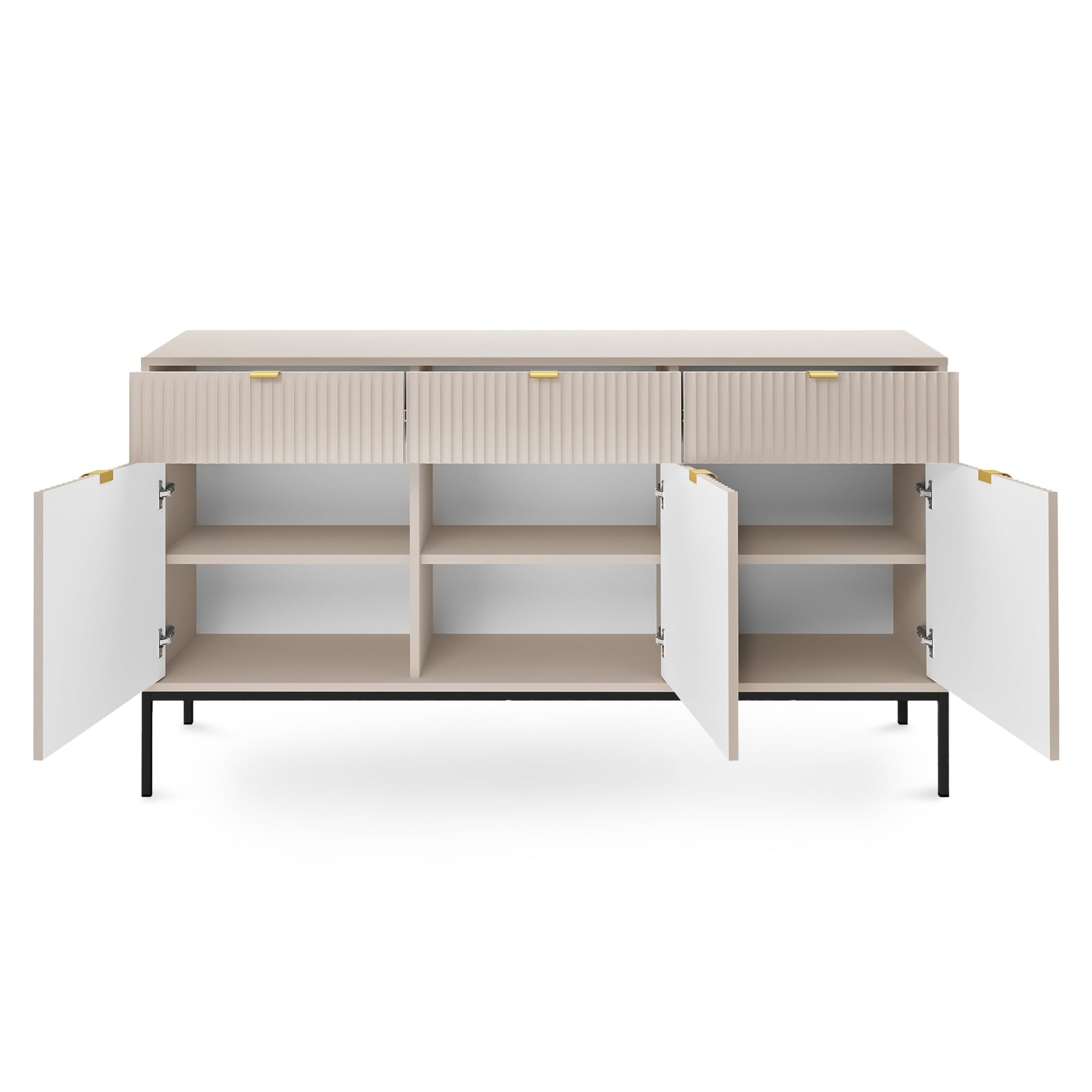 Komoda 154x83 w stylu glamour - ryflowane fronty, metalowe nogi, aluminiowe uchwyty | Roza