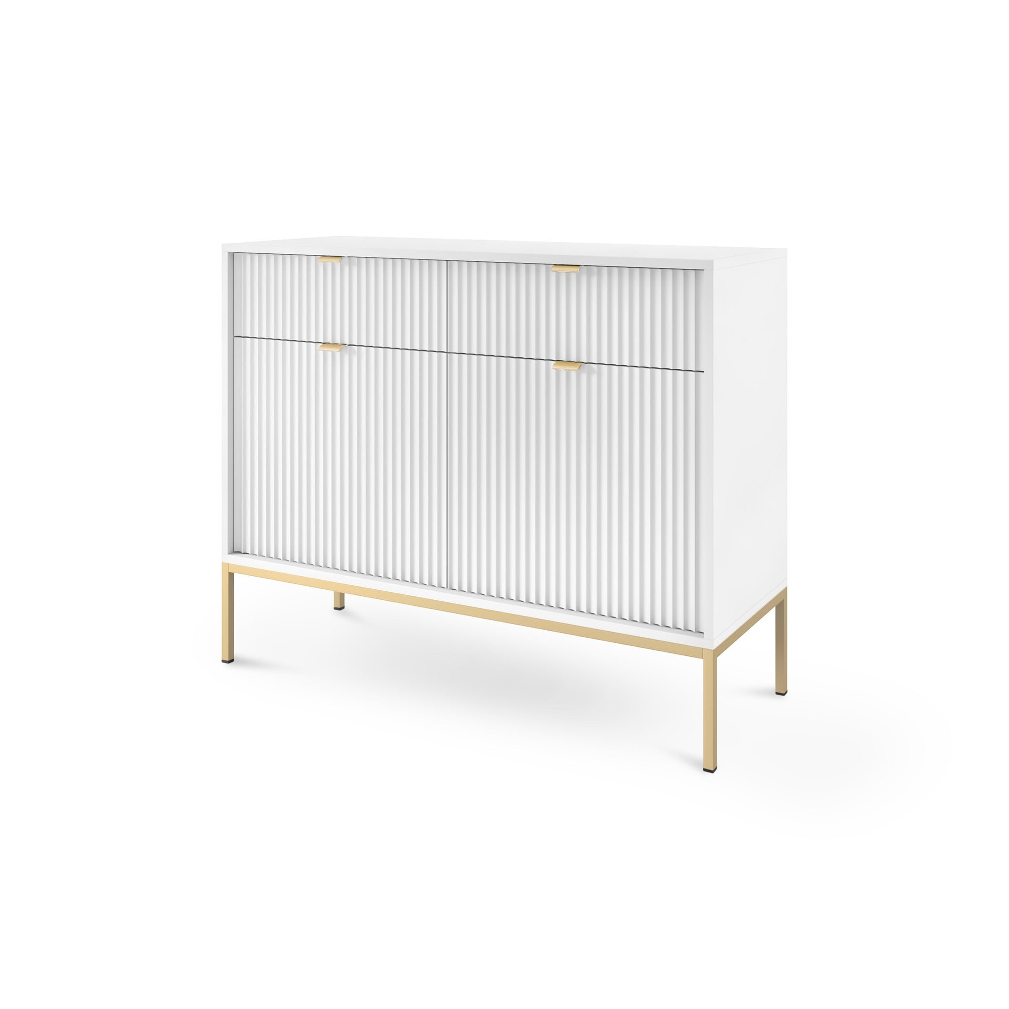 Komoda 104x83 w stylu nowoczesnym - ryflowane fronty MDF, metalowe nogi, aluminiowe uchwyty | Roza Biały Złota