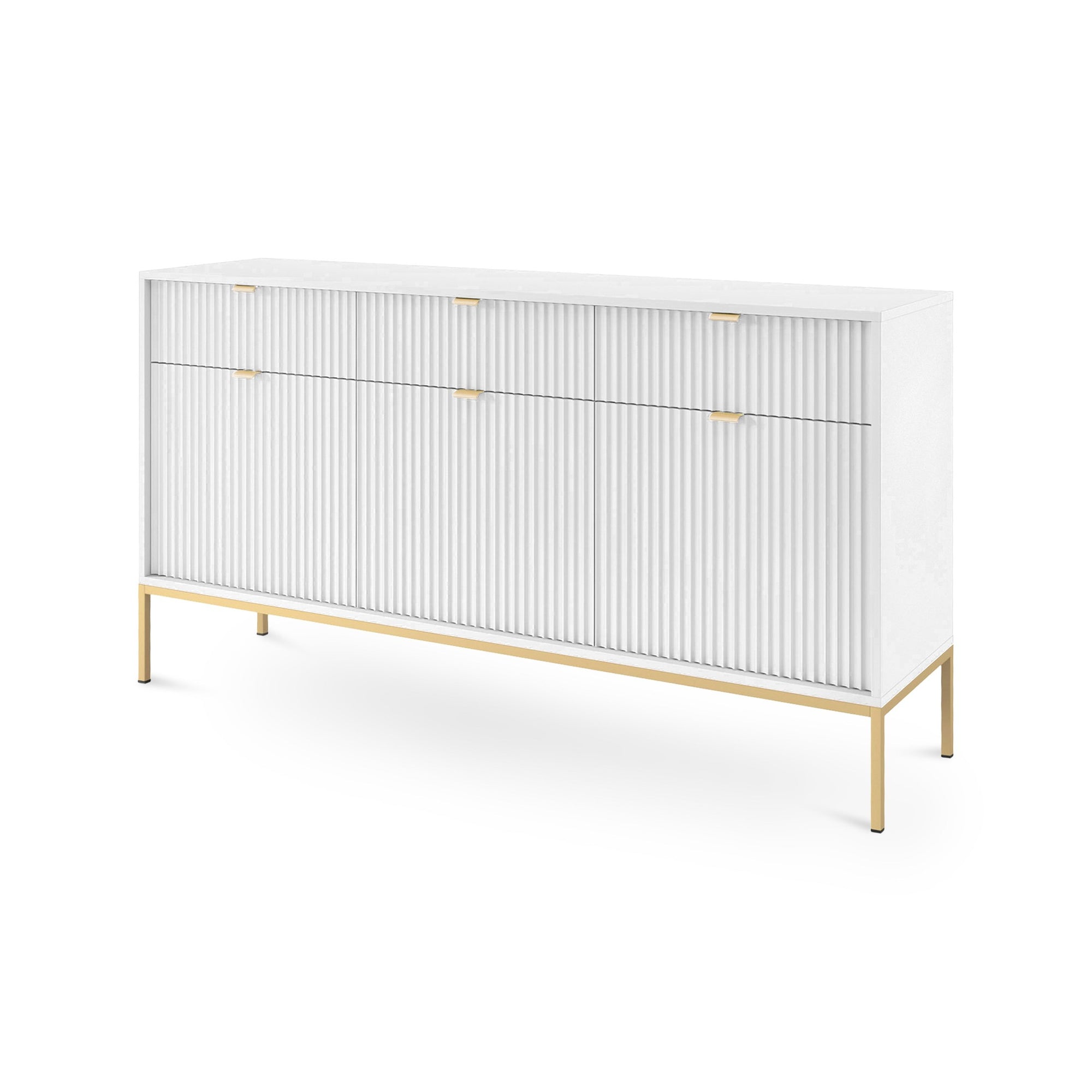 Komoda 154x83 w stylu glamour - ryflowane fronty, metalowe nogi, aluminiowe uchwyty | Roza Biały Złota
