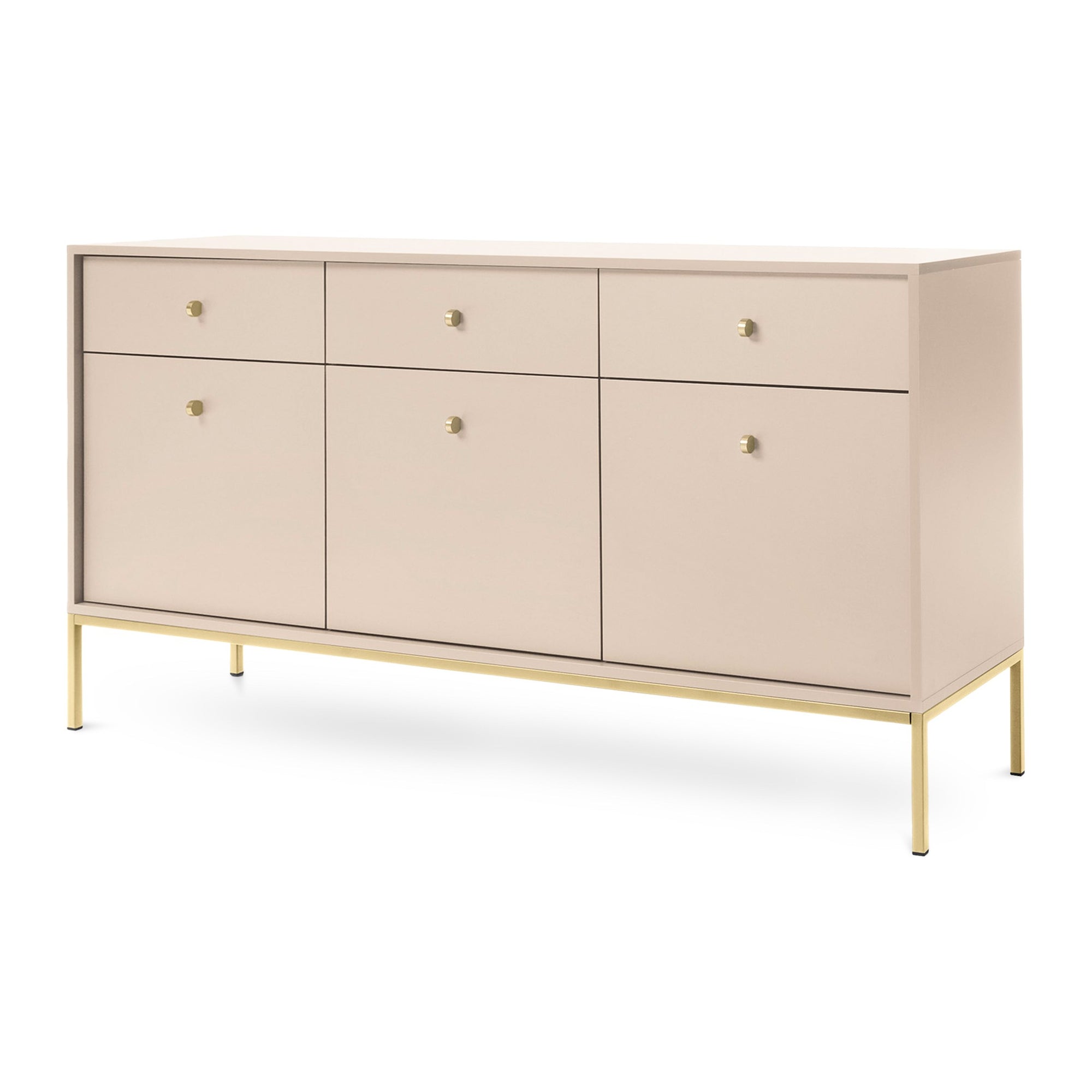 Komoda 154x84 w stylu vintage - szeroka zabudowa z miejscem do przechowywania, złote uchwyty | Kviat Beż Piaskowy Złota
