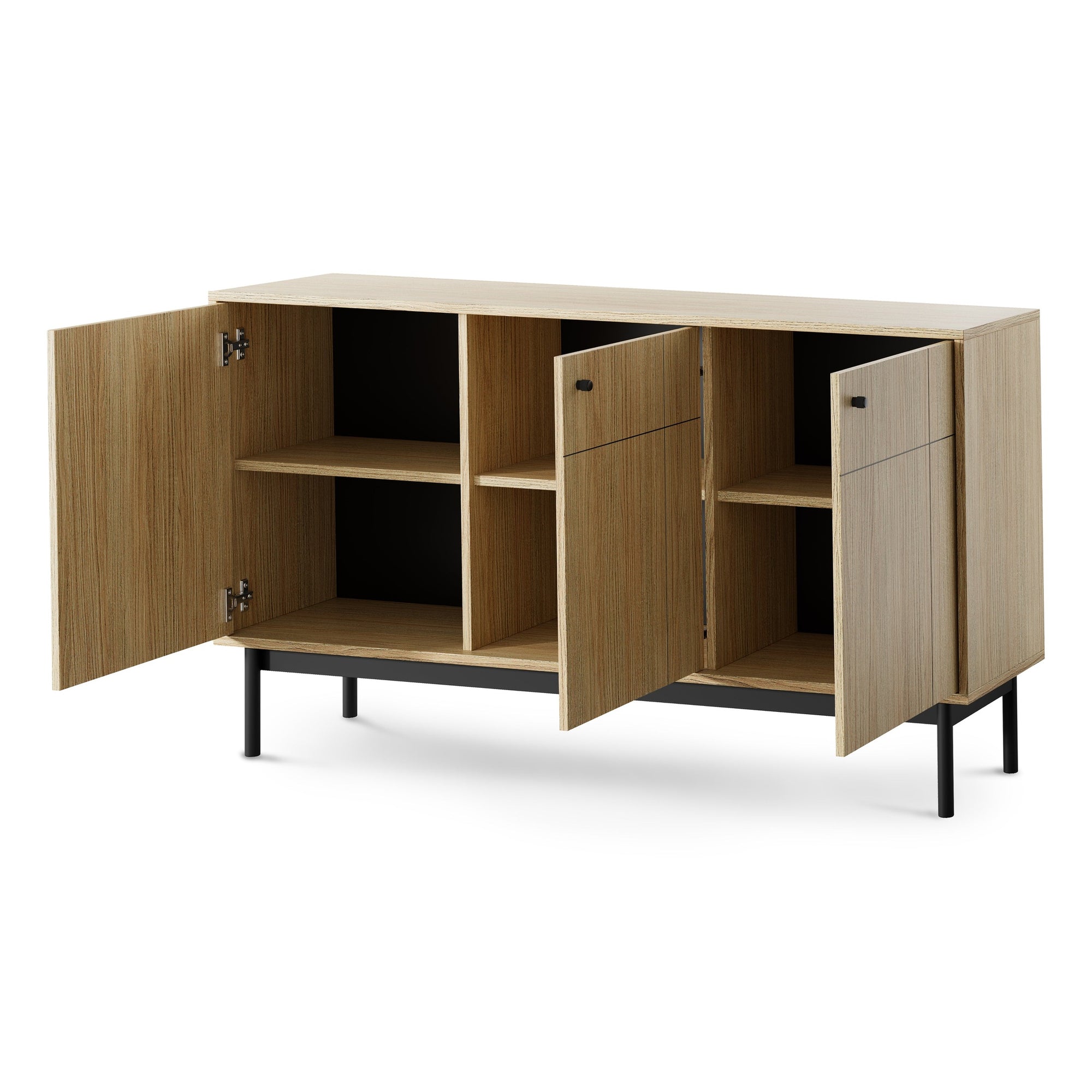 Komoda 154x84 w stylu japandi - frezowane fronty, metalowe gałki, drewniane nogi | Sabi