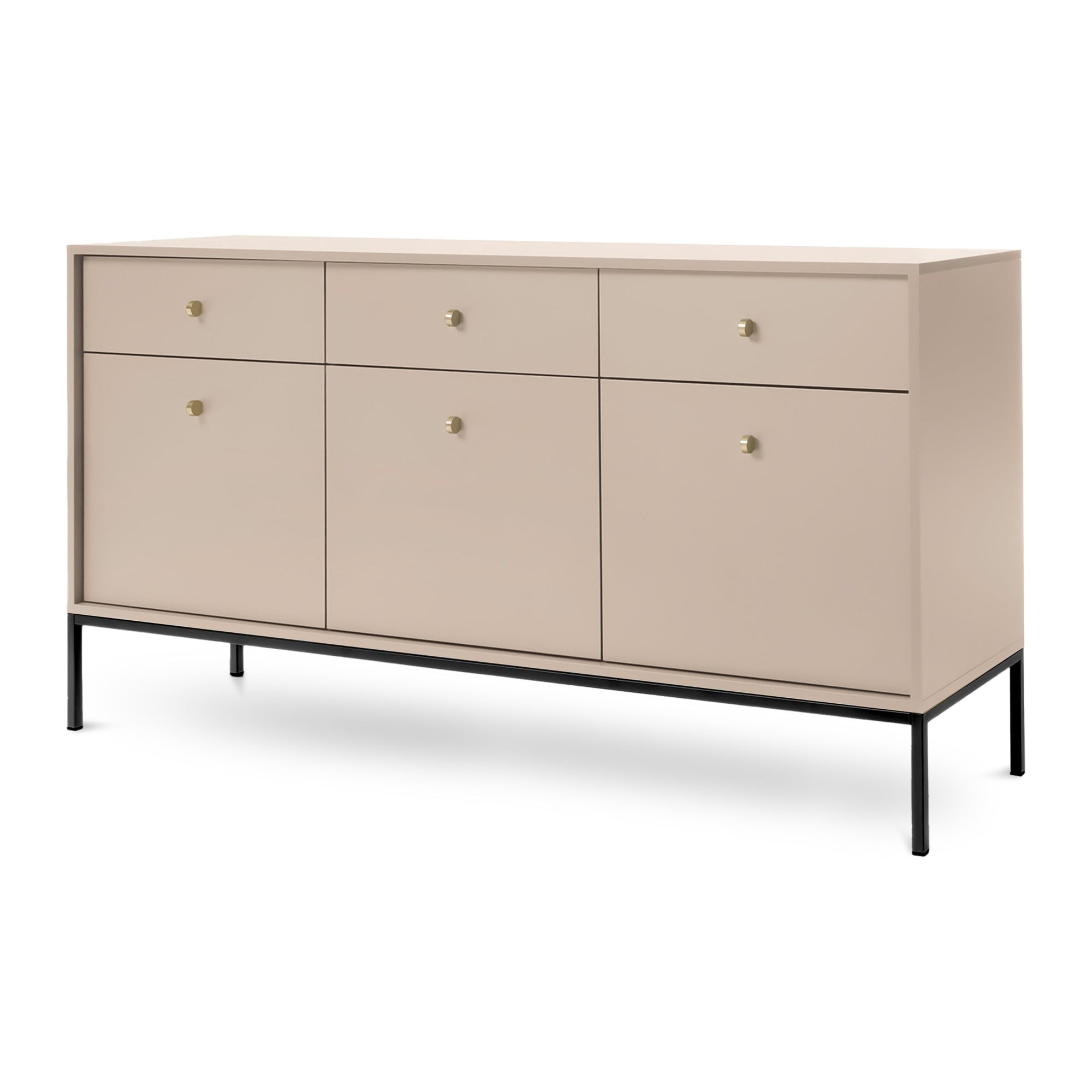 Komoda 154x84 w stylu vintage - szeroka zabudowa z miejscem do przechowywania, złote uchwyty | Kviat Beż Piaskowy Czarny