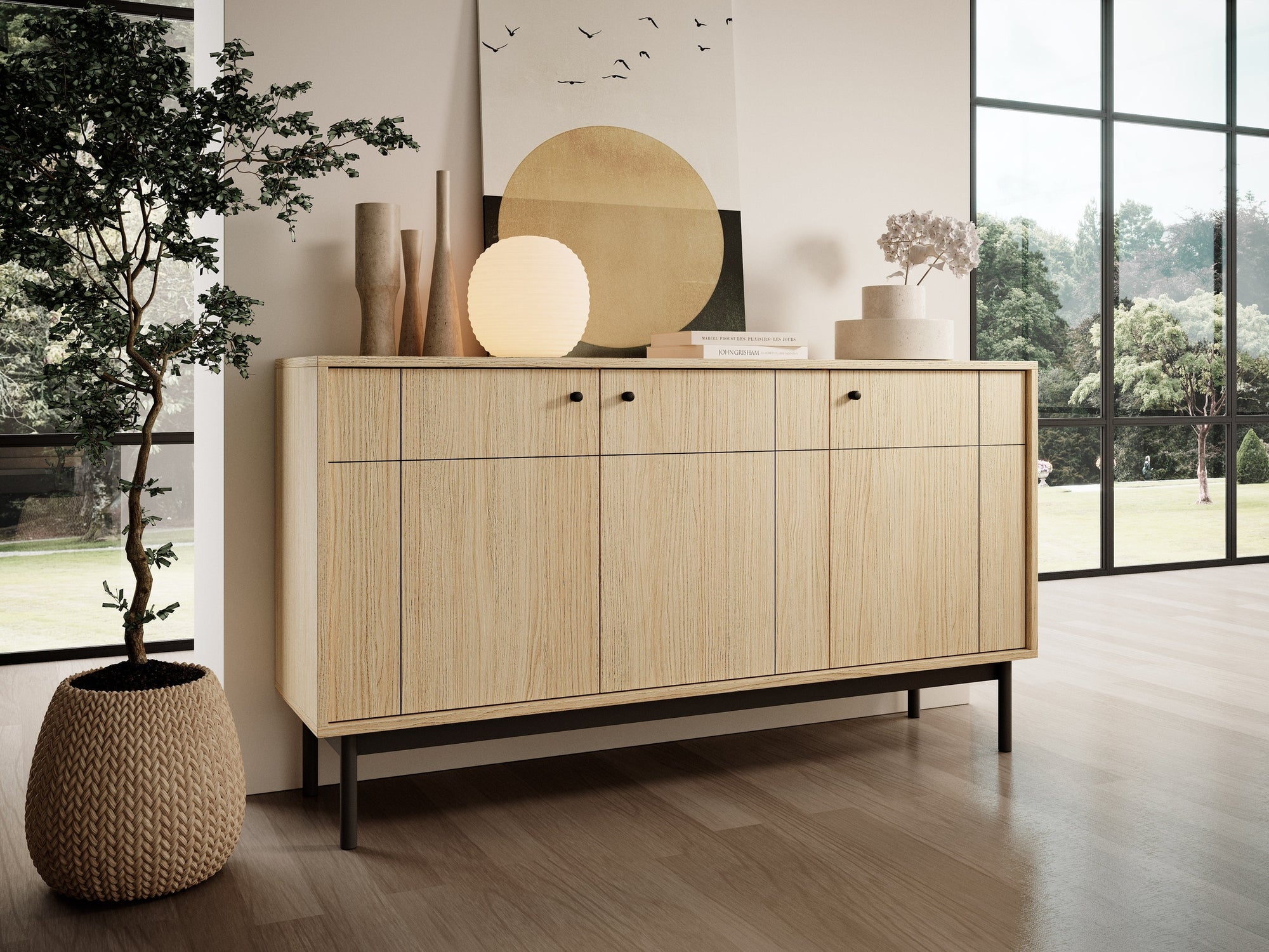 Komoda 154x84 w stylu japandi - frezowane fronty, metalowe gałki, drewniane nogi | Sabi
