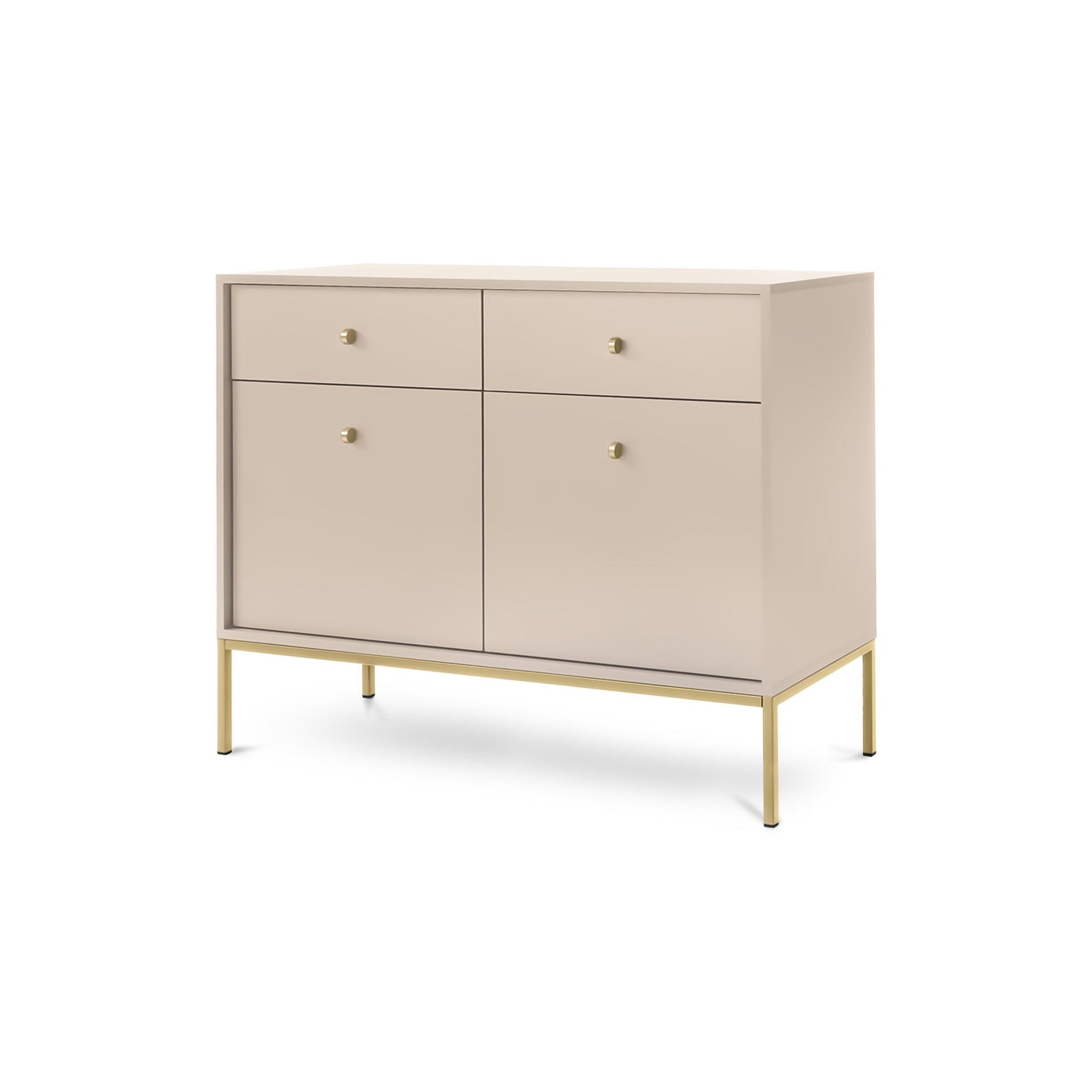 Komoda 104x84 w stylu vintage - szuflady z cichym domykiem, złote uchwyty, metalowa podstawa | Kviat Beż Piaskowy Złota