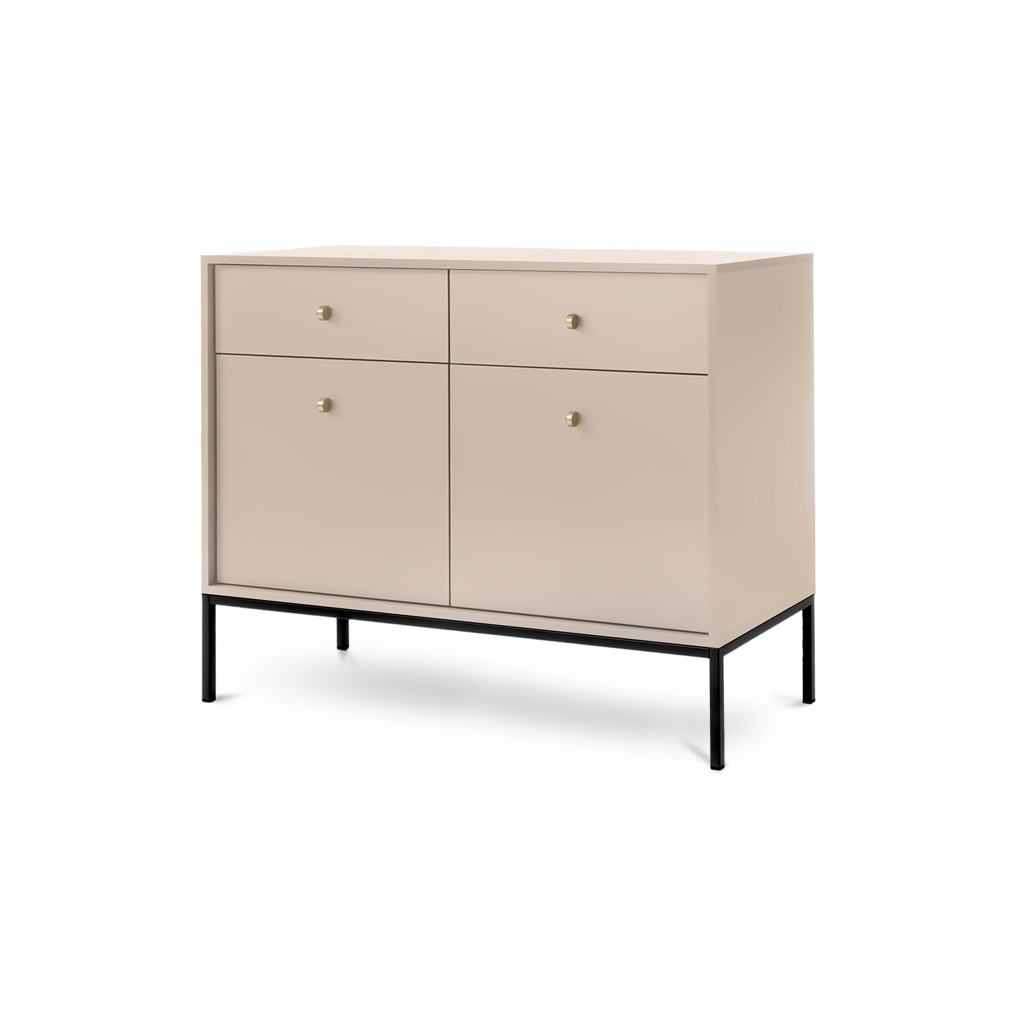 Komoda 104x84 w stylu vintage - szuflady z cichym domykiem, złote uchwyty, metalowa podstawa | Kviat Beż Piaskowy Czarny