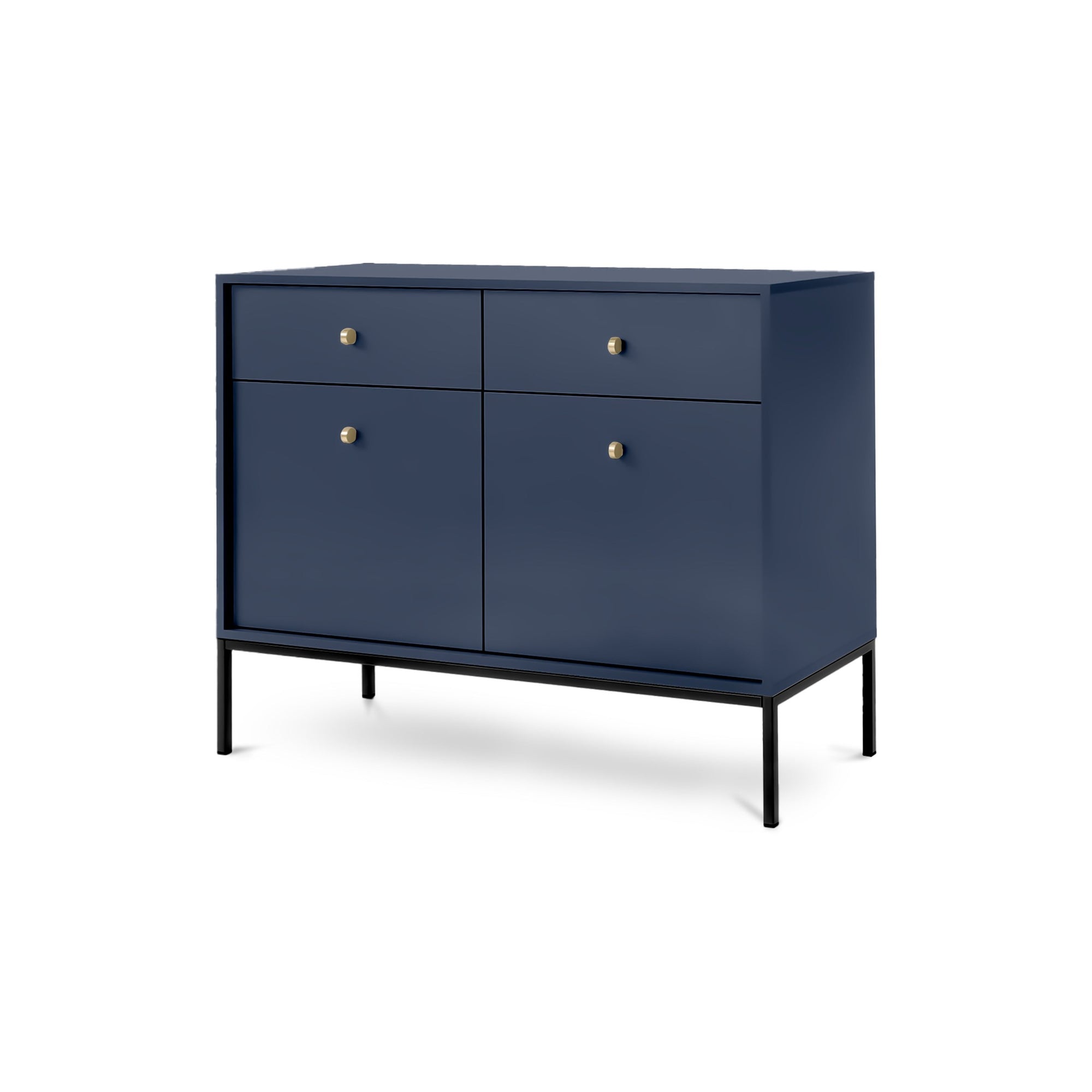 Komoda 104x84 w stylu vintage - szuflady z cichym domykiem, złote uchwyty, metalowa podstawa | Kviat Granat Czarny