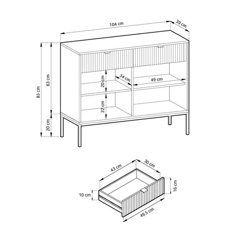 Komoda 104x83 w stylu nowoczesnym - ryflowane fronty MDF, metalowe nogi, aluminiowe uchwyty | Roza