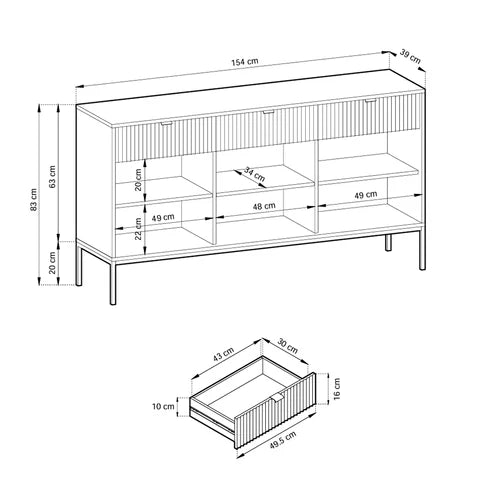 Komoda 154x83 w stylu glamour - ryflowane fronty, metalowe nogi, aluminiowe uchwyty | Roza