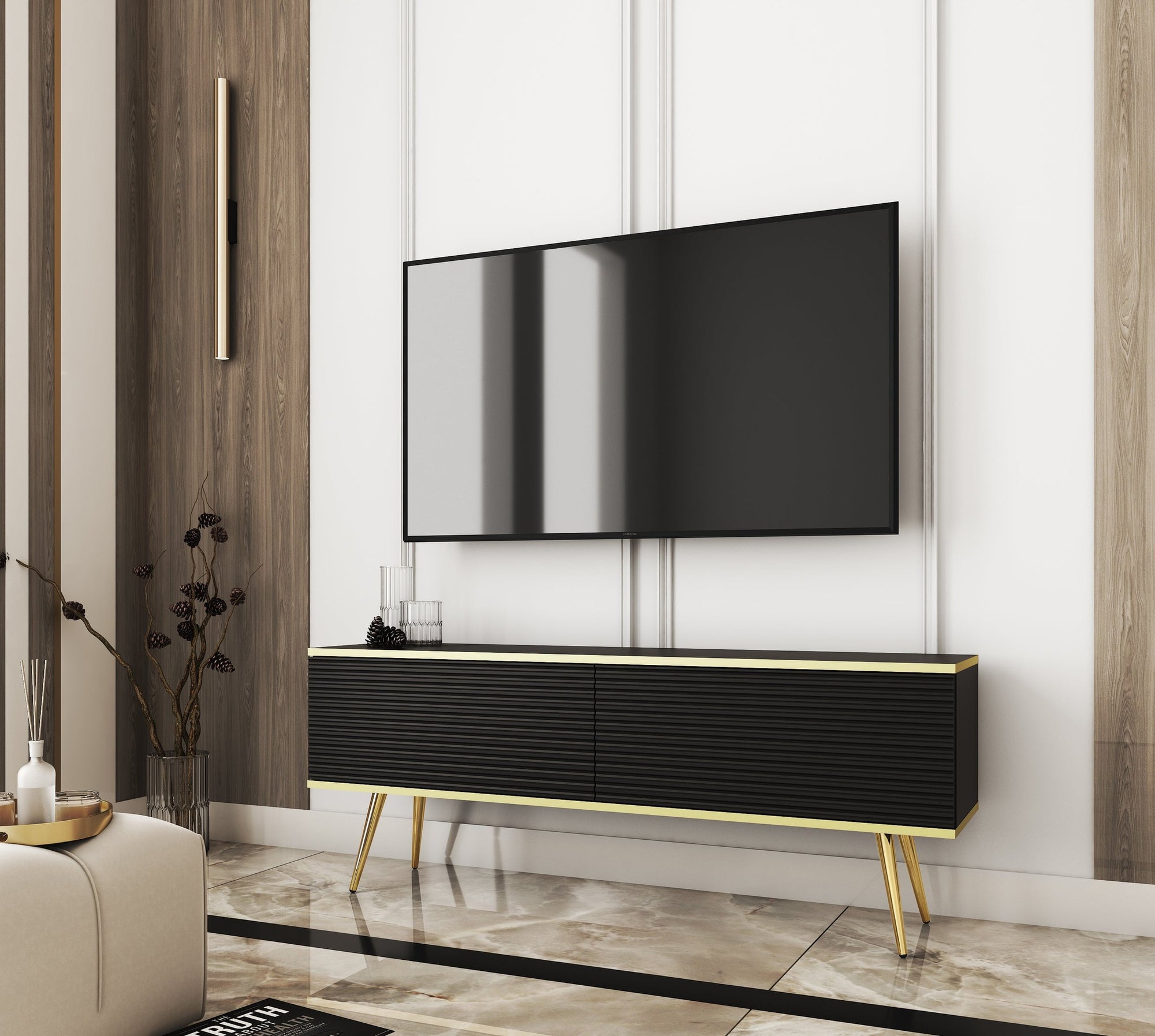 Szafka RTV 135x30 w stylu nowoczesnym - ryflowany front MDF, złote akcenty | Meva