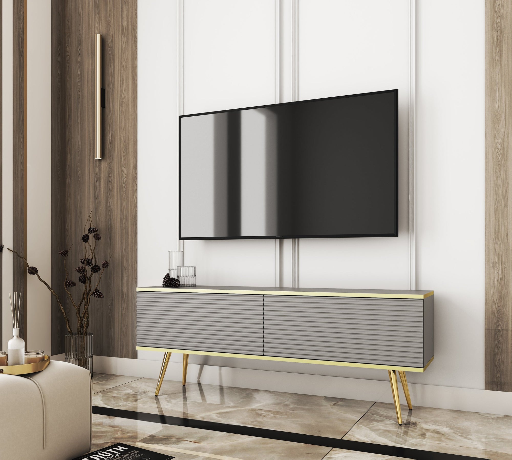 Szafka RTV 135x30 w stylu nowoczesnym - ryflowany front MDF, złote akcenty | Meva