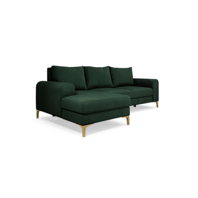 Narożnik Arpelo 245x145 lewostronny Leśny Mech (MANILA 35) na złotych nóżkach – nowoczesny narożnik w stylu boho