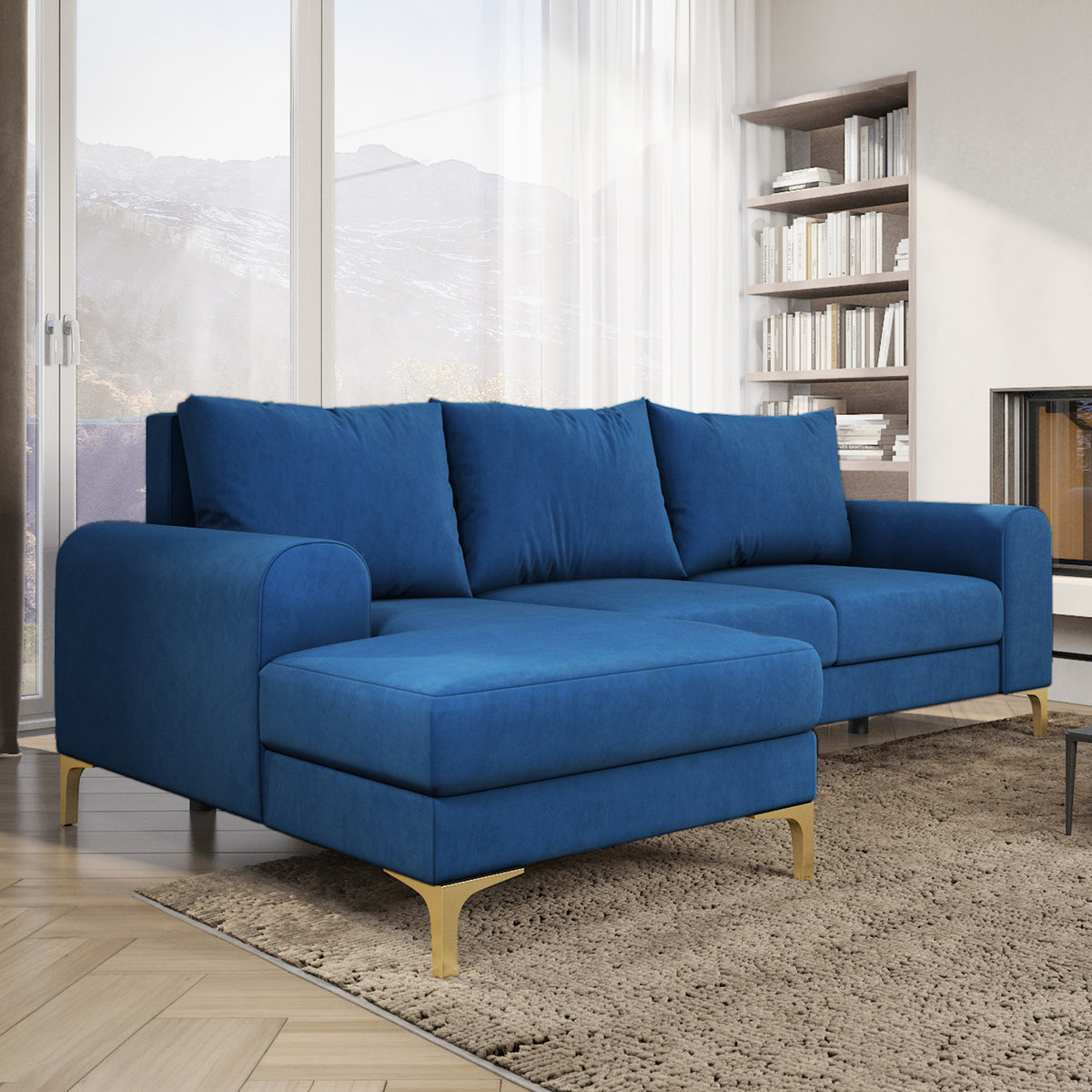 Narożnik Arpelo 245x145 Nocny Szafir (MANILA 26) w jasnym salonie z regałem i dywanem – welurowy narożnik