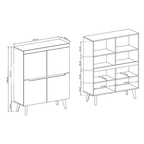 Komoda 107x134 w stylu skandynawskim - biały połysk, frezowane uchwyty, drewniane nogi | Trava