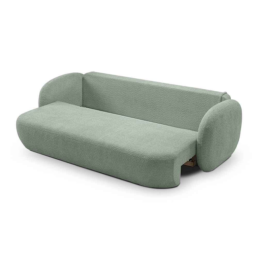 Sofa z funkcją spania 142x200 w stylu nowoczesnym – Abriamo, zaoblona forma, pojemnik | OLEMO